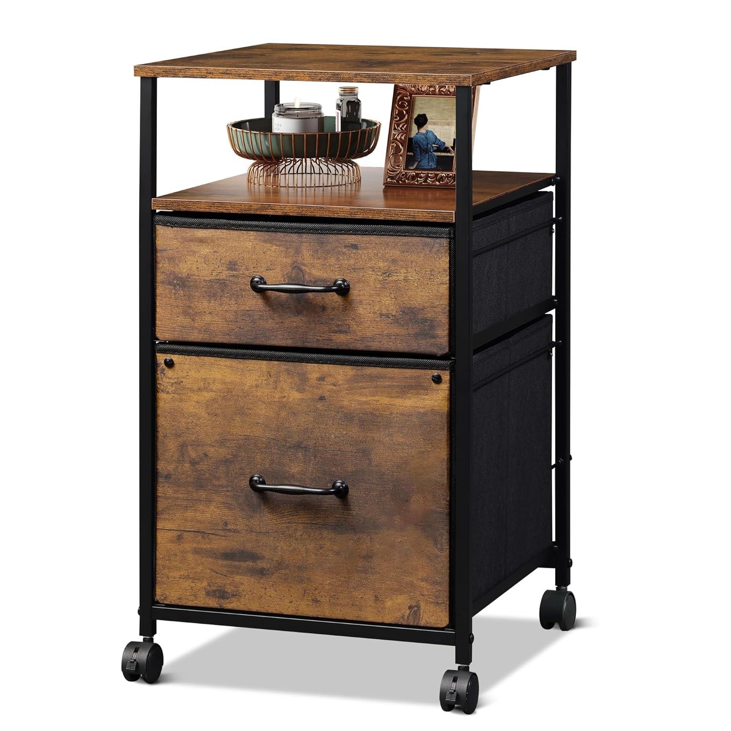 DEVAISE 2 Drawer Mobile File Cabinet, Fabric Vertical Filing Cabinet With Open Storage Shelf,Rolling Printer Stand