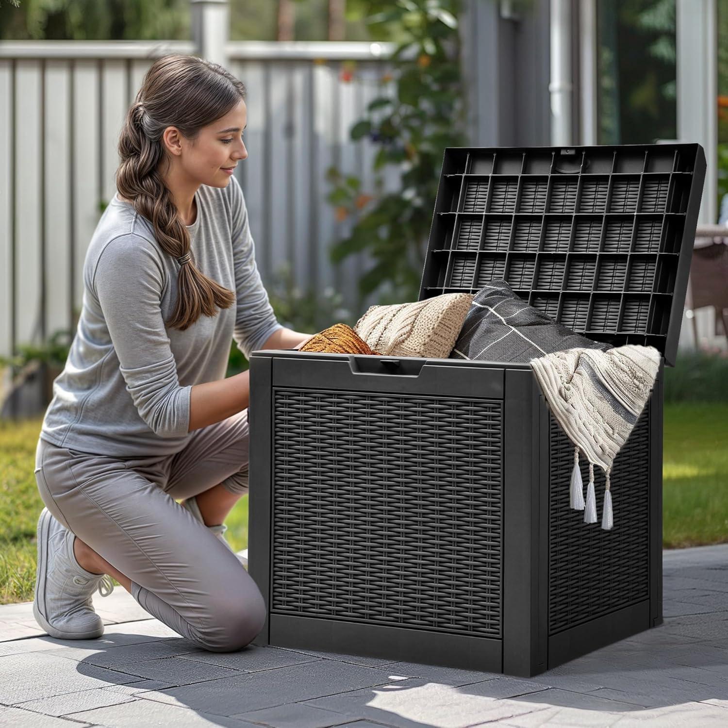 YITAHOME 32 Gallon Rattan Deck Box, Indoor Outdoor Storage Box for Patio Furniture, Pool Accessories, Cushions, Garden Tools, Sports Equipment, Waterproof Resin with Lockable Lid & Side Handles, Black