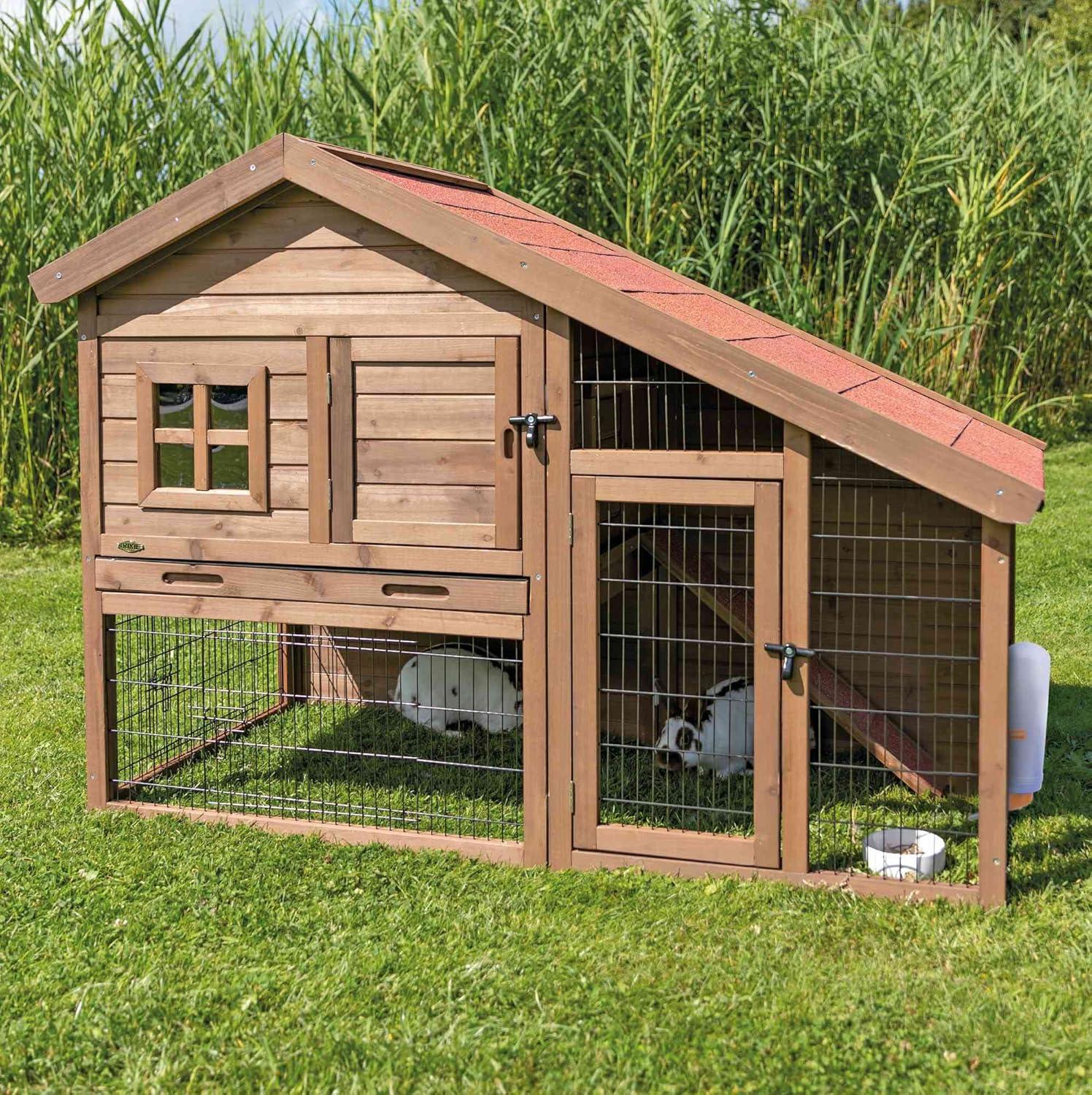 TRIXIE TRIXIE 2-Story Cabin Rabbit Hutch with Run, Ramp, Attic Storage, for Rabbits or Guinea Pigs