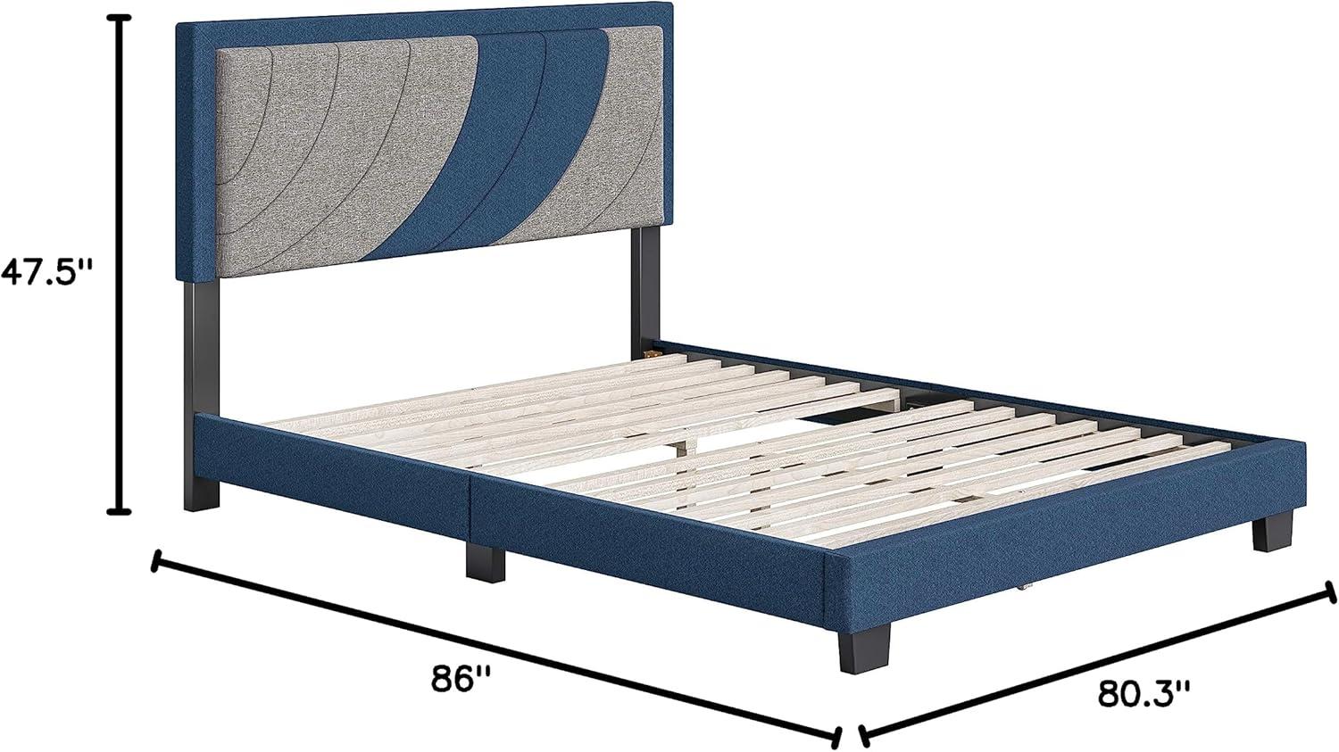 King Blue and Gray Linen Upholstered Platform Bed with Tufted Headboard