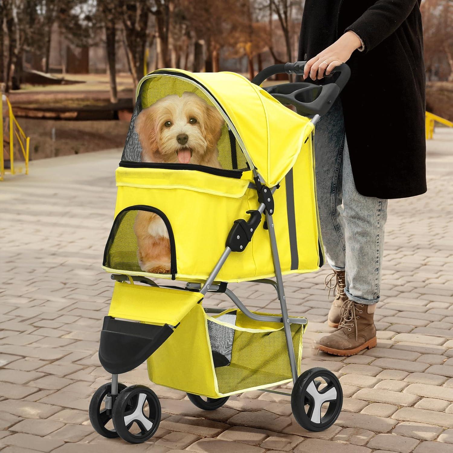 3 Wheel Folding Pet Stroller, Foldable Dog Jogger Stroller with Storage Basket, Cup Holder & Canopy