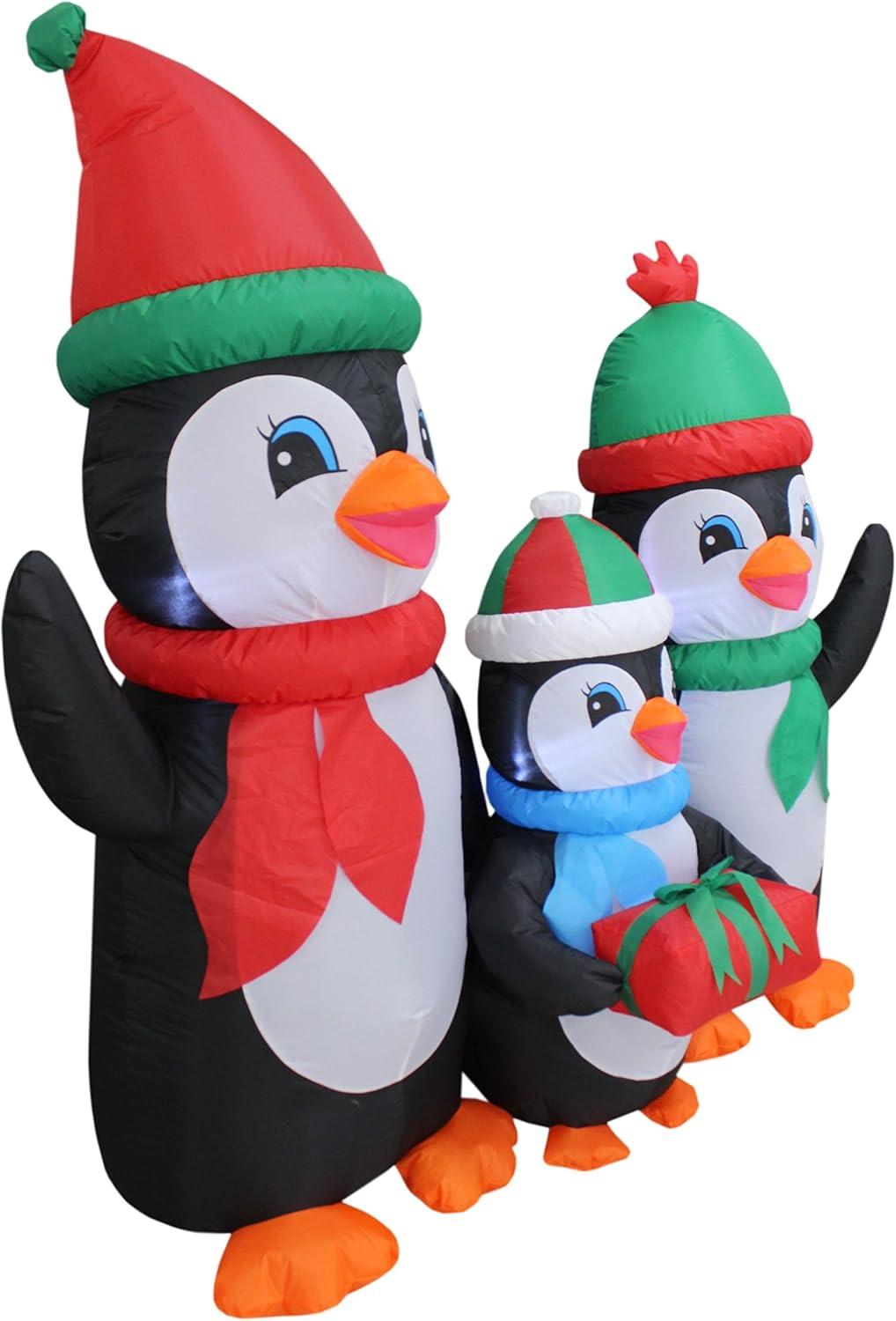 5 Foot Tall Lighted Christmas Inflatable Penguins Family with Gift Box LED Lights Outdoor Indoor Holiday Blowup Lawn Inflatables Home Family Party Decor Yard Decoration