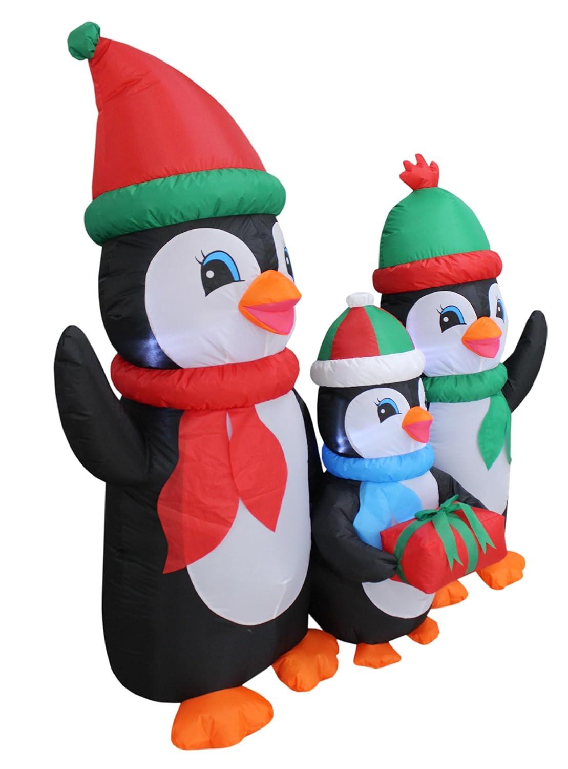 5 Foot Tall Lighted Christmas Inflatable Penguins Family with Gift Box LED Lights Outdoor Indoor Holiday Blowup Lawn Inflatables Home Family Party Decor Yard Decoration