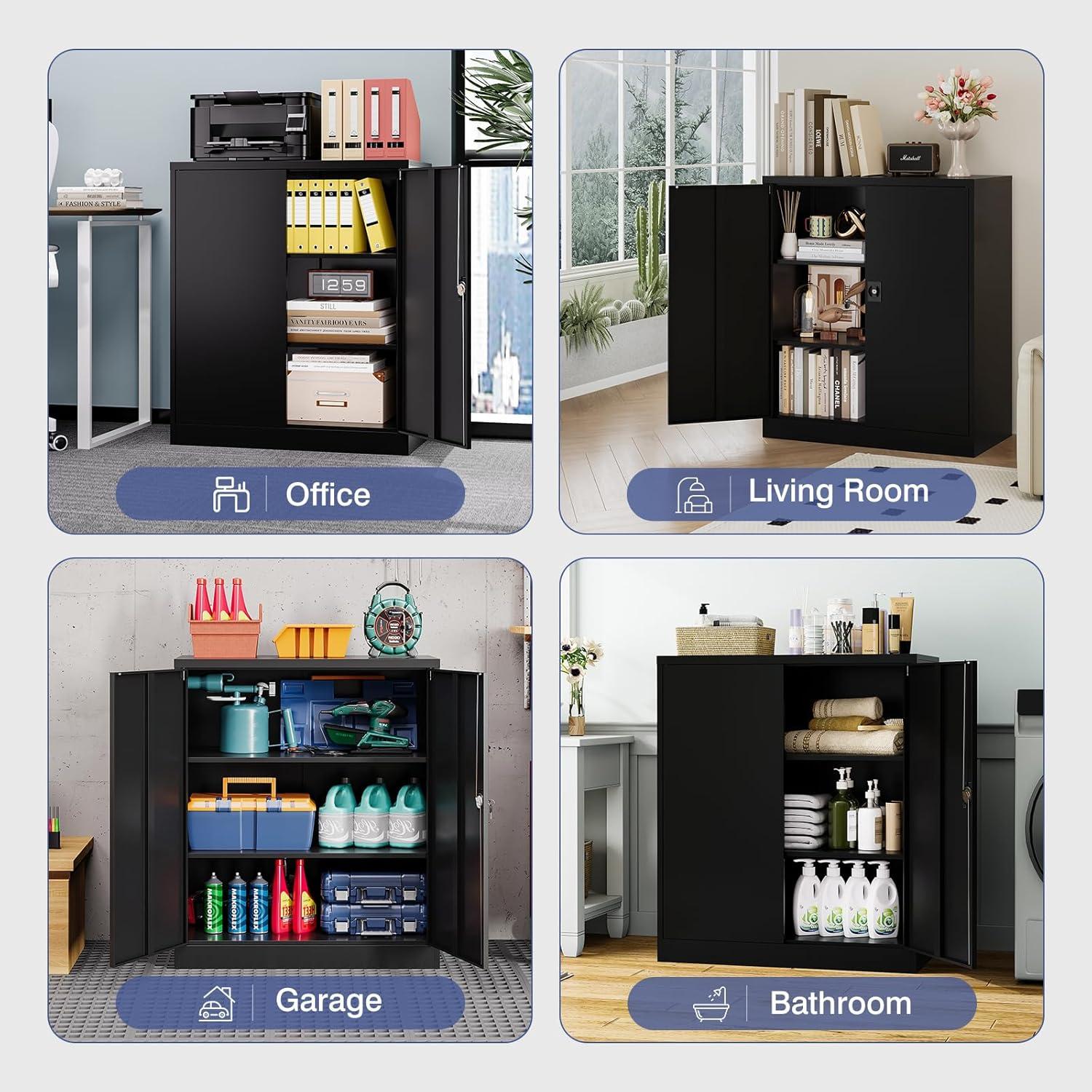 Garage Storage Cabinet, Seizeen Metal File Cabinet with Doors and Shelves, Indoor Storage Cabinet 3-Tier Shelves, Lockable Tool Storage for Garage, Warehouse, Home, Black