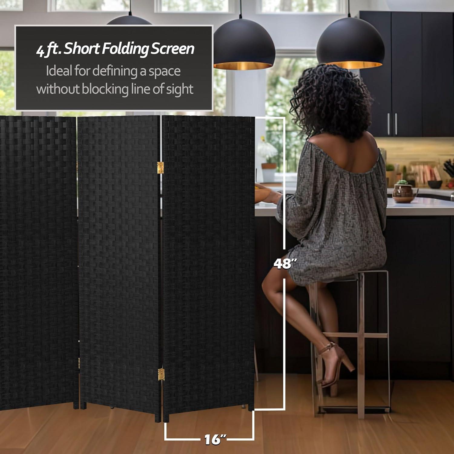 4 ft. Tall Woven Fiber Room Divider - Black (3 Panels) - Oriental Furniture: Rattan-Style, Privacy Screen