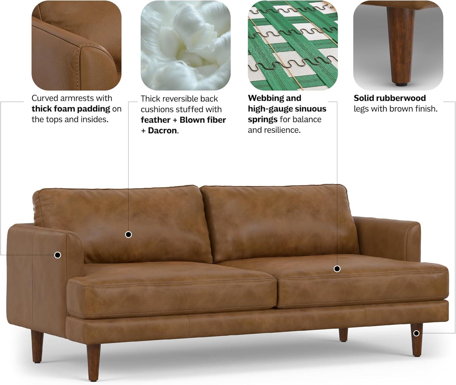 Simpli Home Livingston Top Grain Genuine Leather Mid-Century Modern Sofa With Solid Wood Frame For Living Room