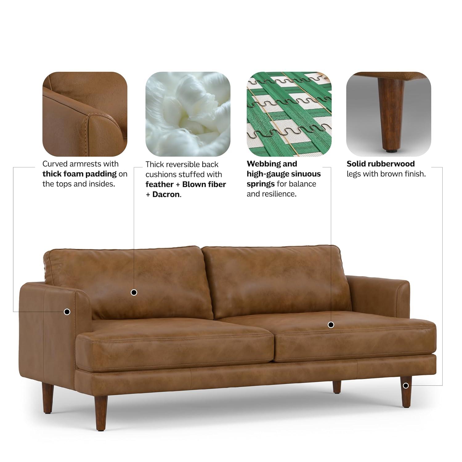 Simpli Home Livingston Top Grain Genuine Leather Mid-Century Modern Sofa With Solid Wood Frame For Living Room