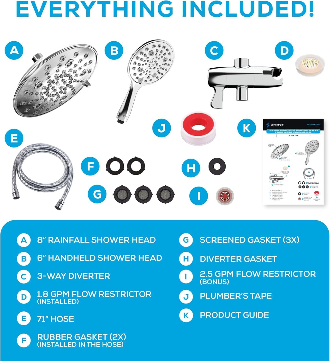 SparkPod Dual Shower Head - 8'' High Pressure Rain Shower Heads with Handheld Spray Combo - Rainfall, Handheld & Dual Mode - Easy Install 3-Way Showerhead with Hose & Holder (Midnight Black Matte)