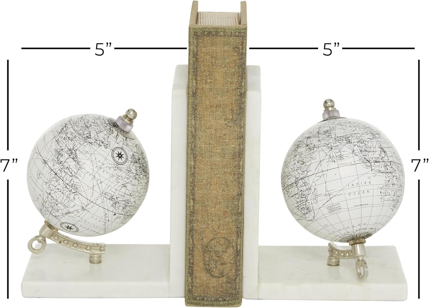 White Marble Globe Bookends with Silver Metal Accents, Set of 2