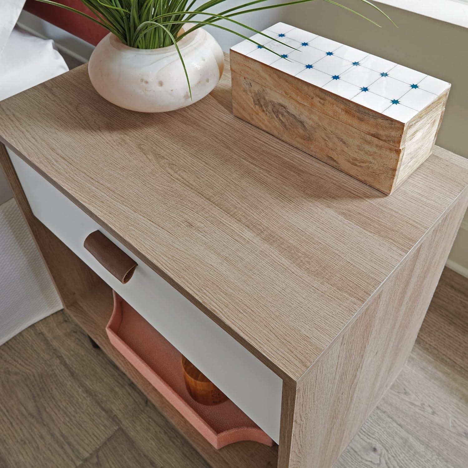 Sky Oak and White Single-Drawer Nightstand with Metal Base