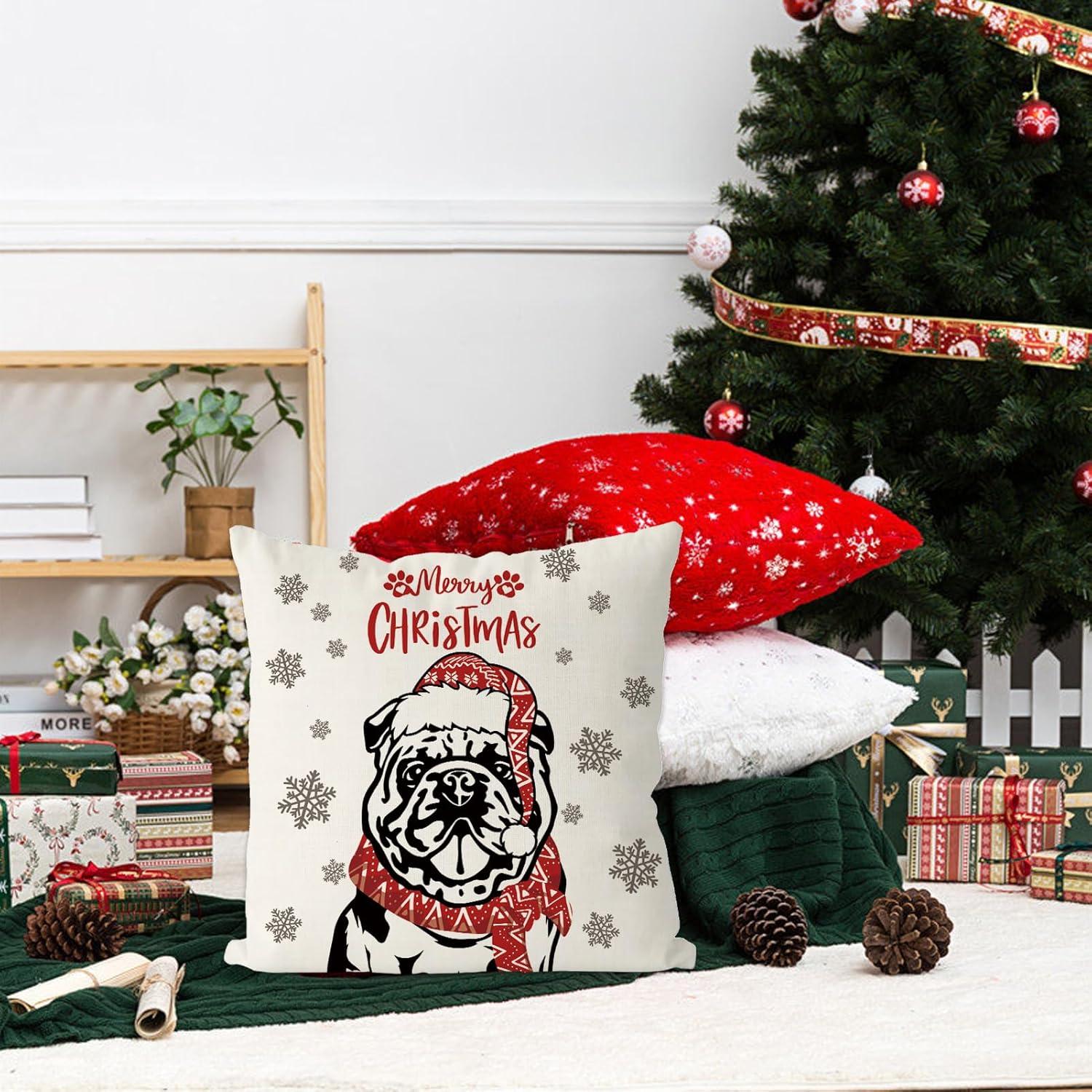 Christmas Pillow Covers 18x18 Inch English Bulldog Dog Throw Pillow Covers Xmas Winter Pillowcase Dog Christmas Decorations for Living Room Farmhouse Cushion Case