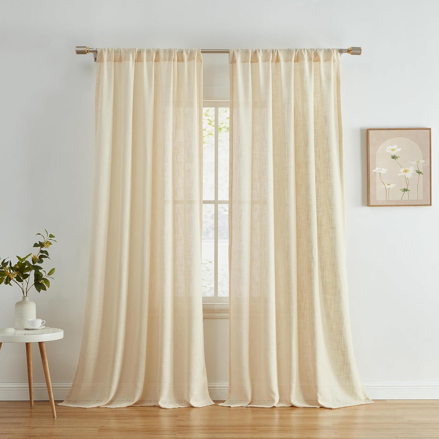 HLC.ME Linda Faux Linen Textured Semi Sheer Privacy Sun Light Filtering Window Rod Pocket Thick Curtains Panels, Set of 2 - Beige, 54 W x 72 L