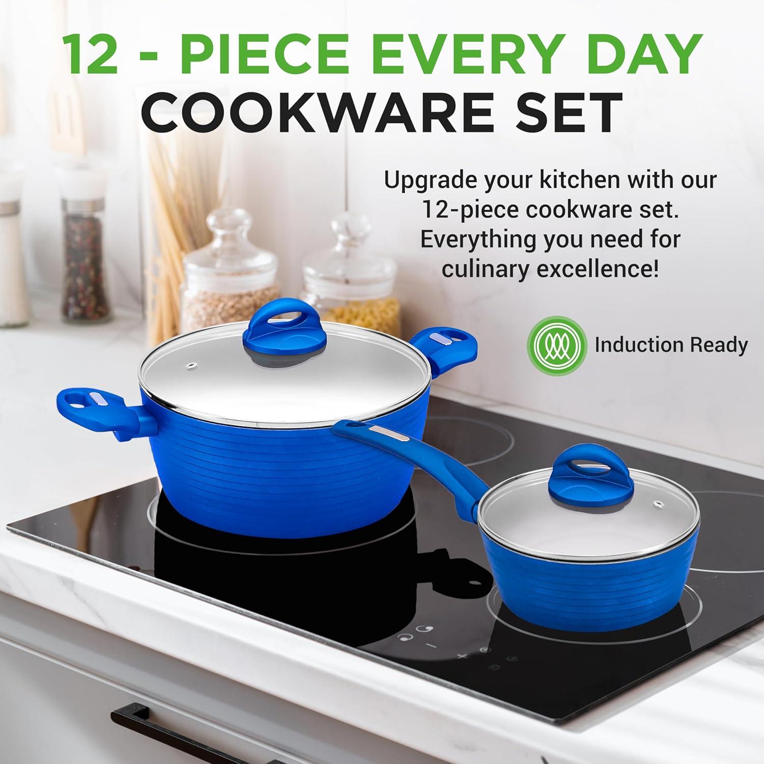 NutriChef 12-Piece Blue Nonstick Aluminum Cookware Set