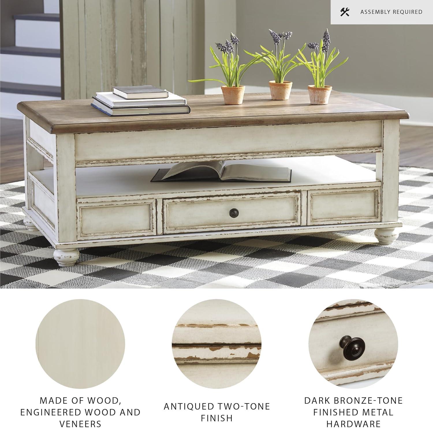 Realyn Coffee Table with Lift Top White/Brown - Signature Design by Ashley: Mid-Century Style, Storage, Wood Legs