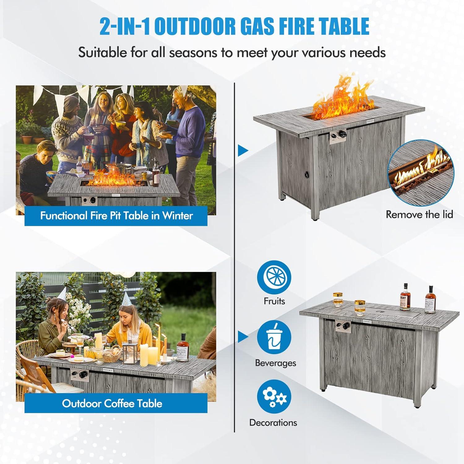 Patiojoy 43’’ Propane Fire Pit Table 50,000 BTU Outdoor Propane Gas Fire Table w/ Wood Grain Tabletop Hideaway Tank Storage