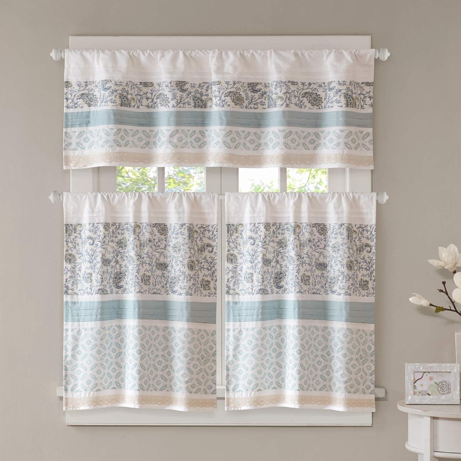 Paisley Aqua and White Cotton Rod Pocket Valance