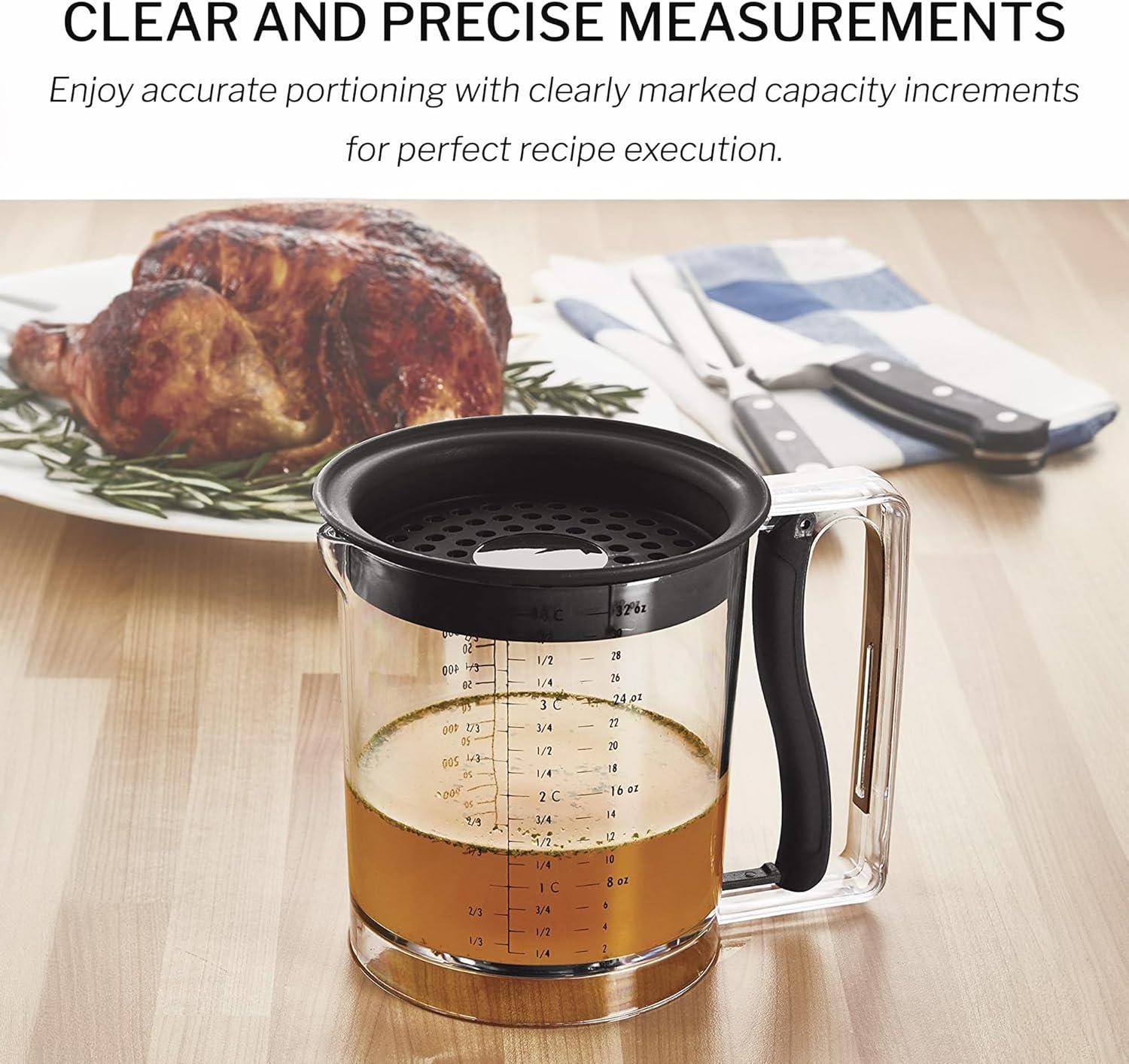 Amco 4 Cup Easy Release Fat And Gravy Separator With Deep Removable Lid & Quick Release Handle - Black