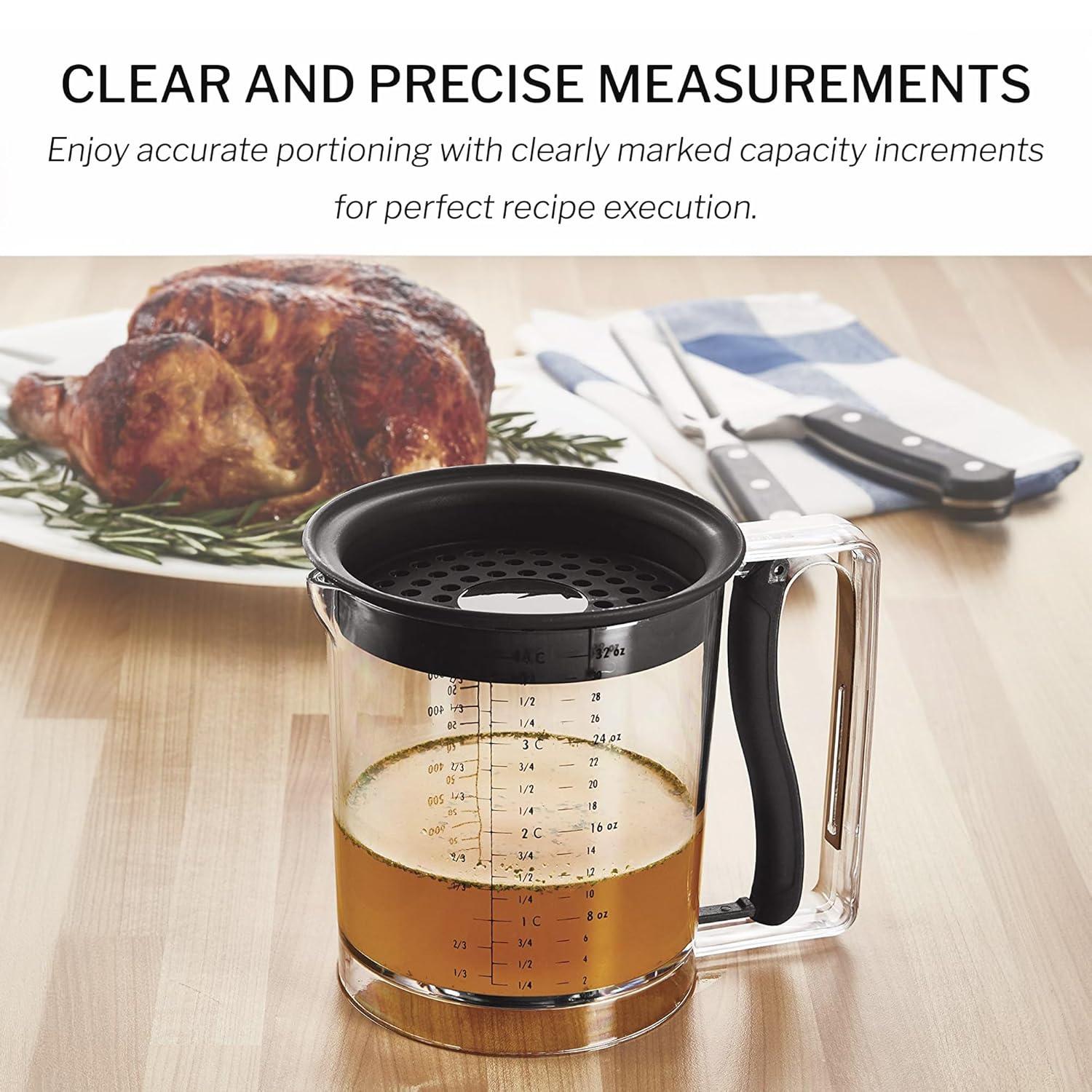 Amco 4 Cup Easy Release Fat And Gravy Separator With Deep Removable Lid & Quick Release Handle - Black