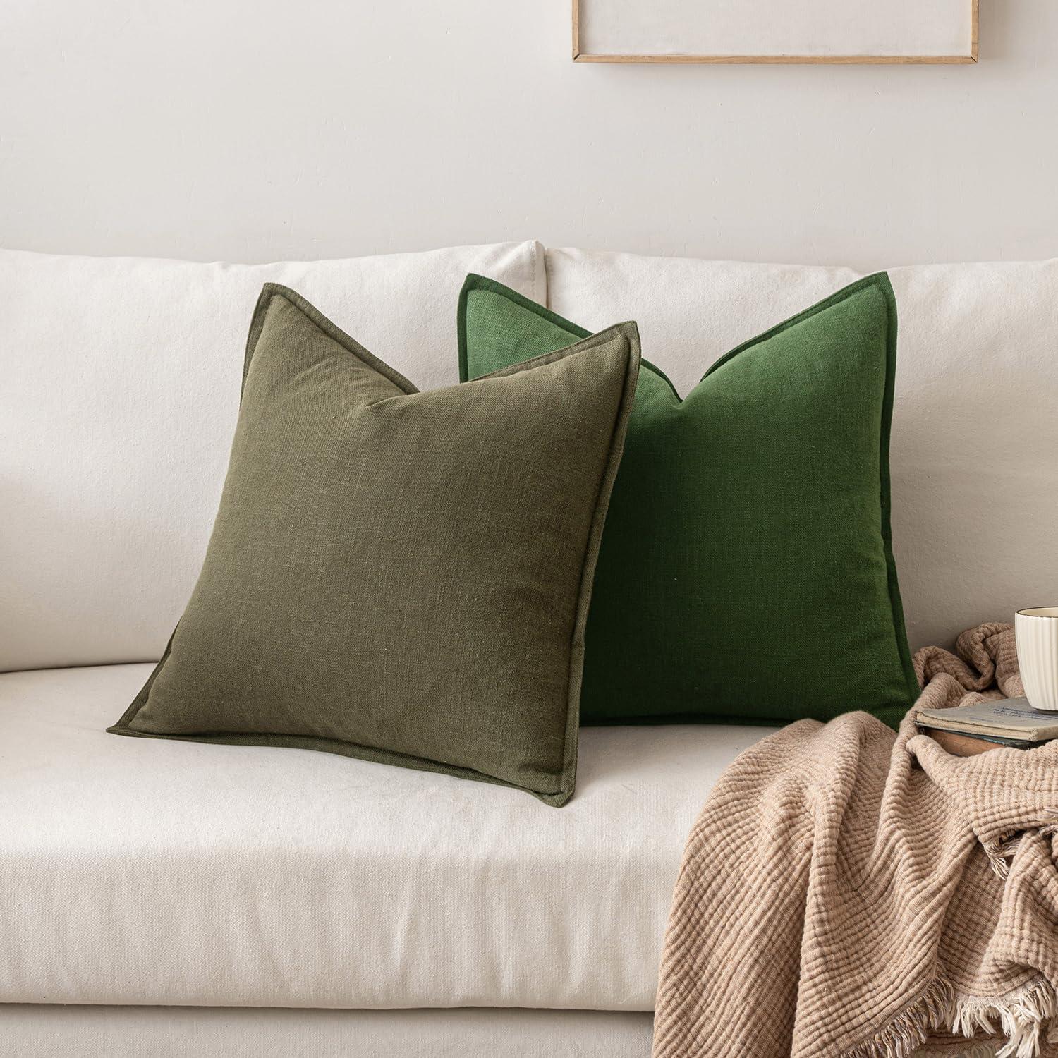 MIULEE Pack of 2 Decorative Linen Pillow Covers 18x18 Inch Olive Green Farmhouse Soild Neutral Throw Pillow Covers Soft Accent Decorative Pillowcases Home Decors for Couch Sofa Bed Living Room
