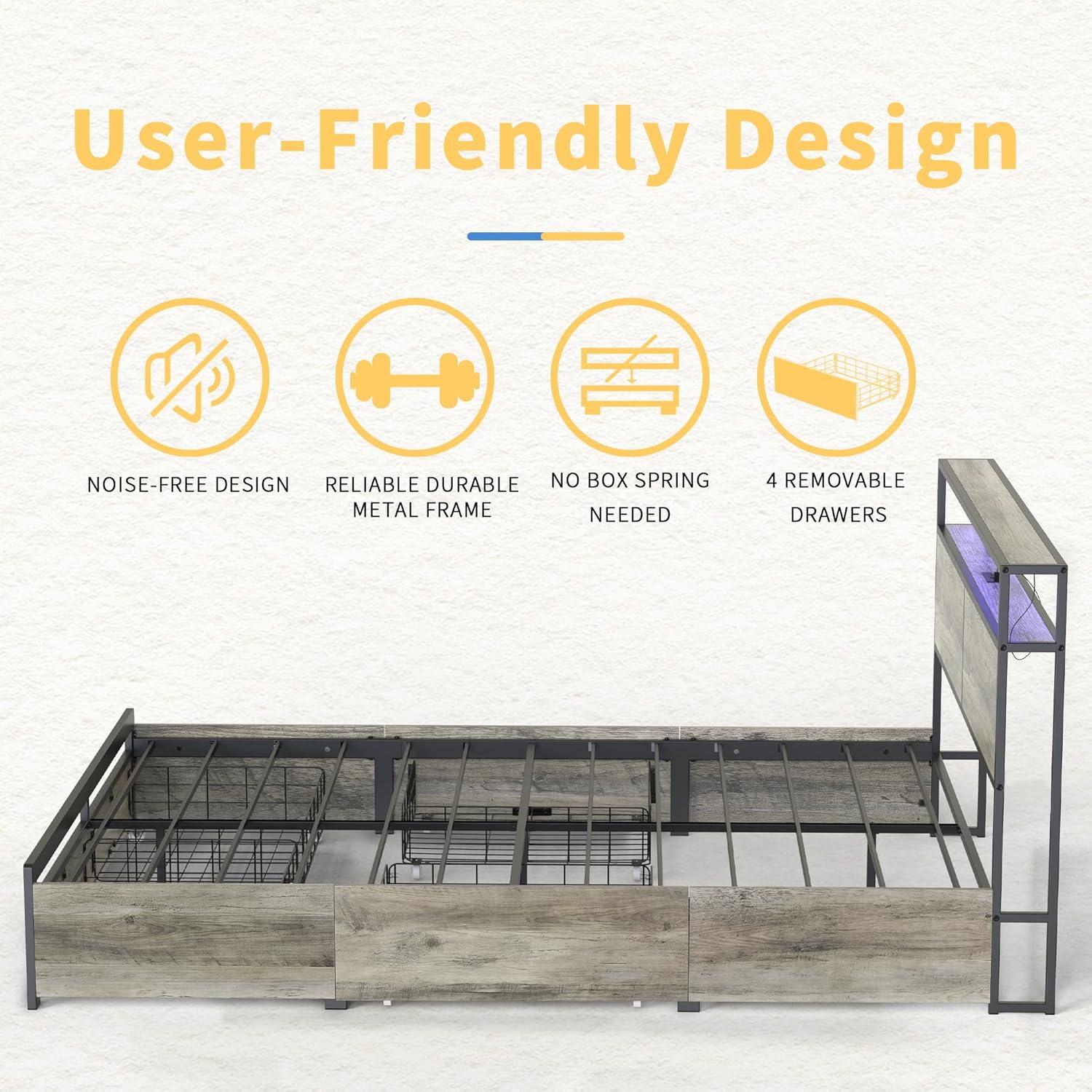 Full Size Gray Metal Bed Frame with LED Headboard and Storage Drawers