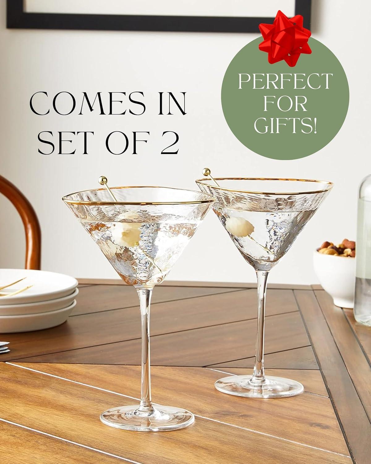 Sisterly Drinkware Clear Hammered Martini Glasses Set of 2 – Handmade Gold Rim Cocktail Glasses with 2 Gold-Plated Picks & 2 Coasters – 8 oz Elegant Barware for Martinis, Cocktails & Mocktails