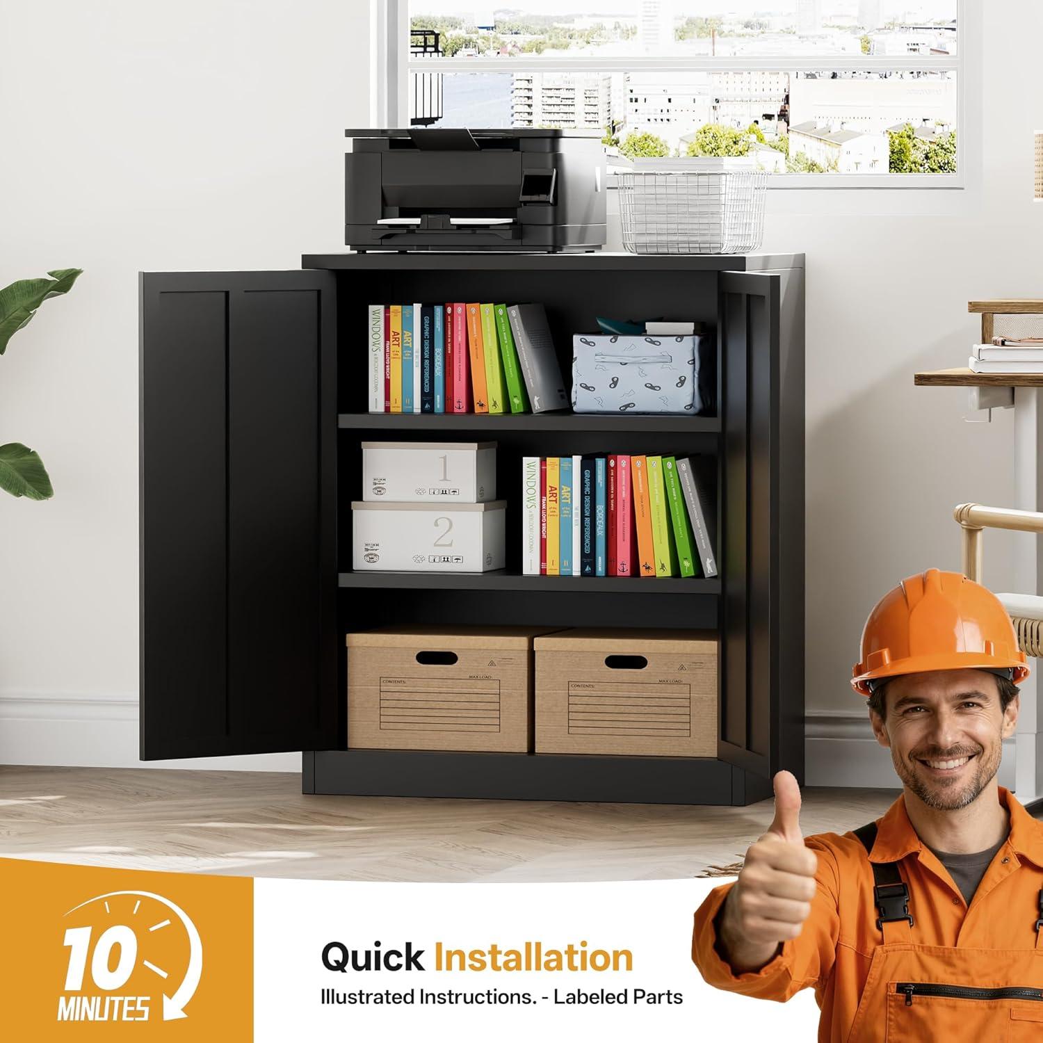 Metal Storage Cabinet, 36" H Locking Storage Cabinet with Adjustable Shelves, Steel Storage Cabinet for Garage, Home, Office, Utility Room-Black