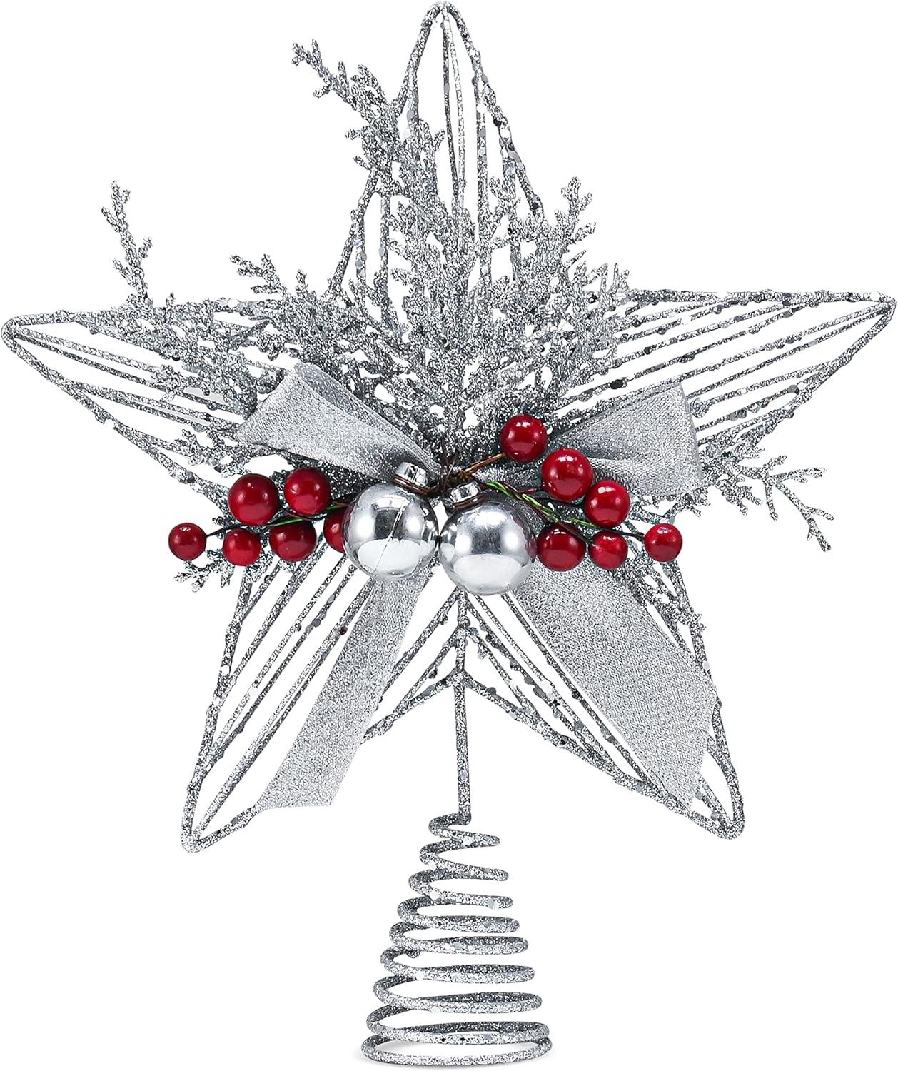 Silver Glitter Metal Star Tree Topper with Red Berries