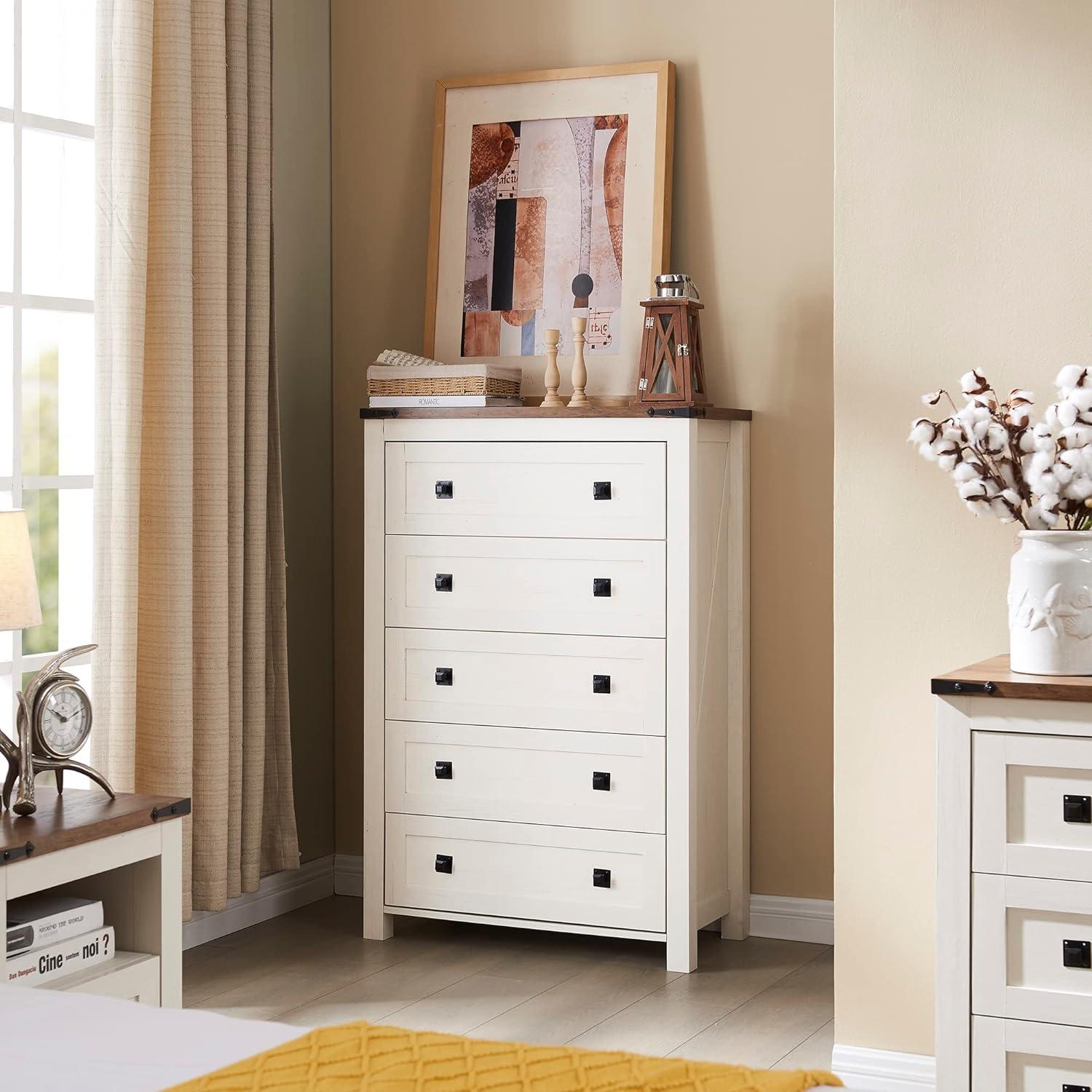 Grantville Farmhouse 5 - Drawers Dresser Organizer, Rustic Tall Chest of Drawers for Bedroom