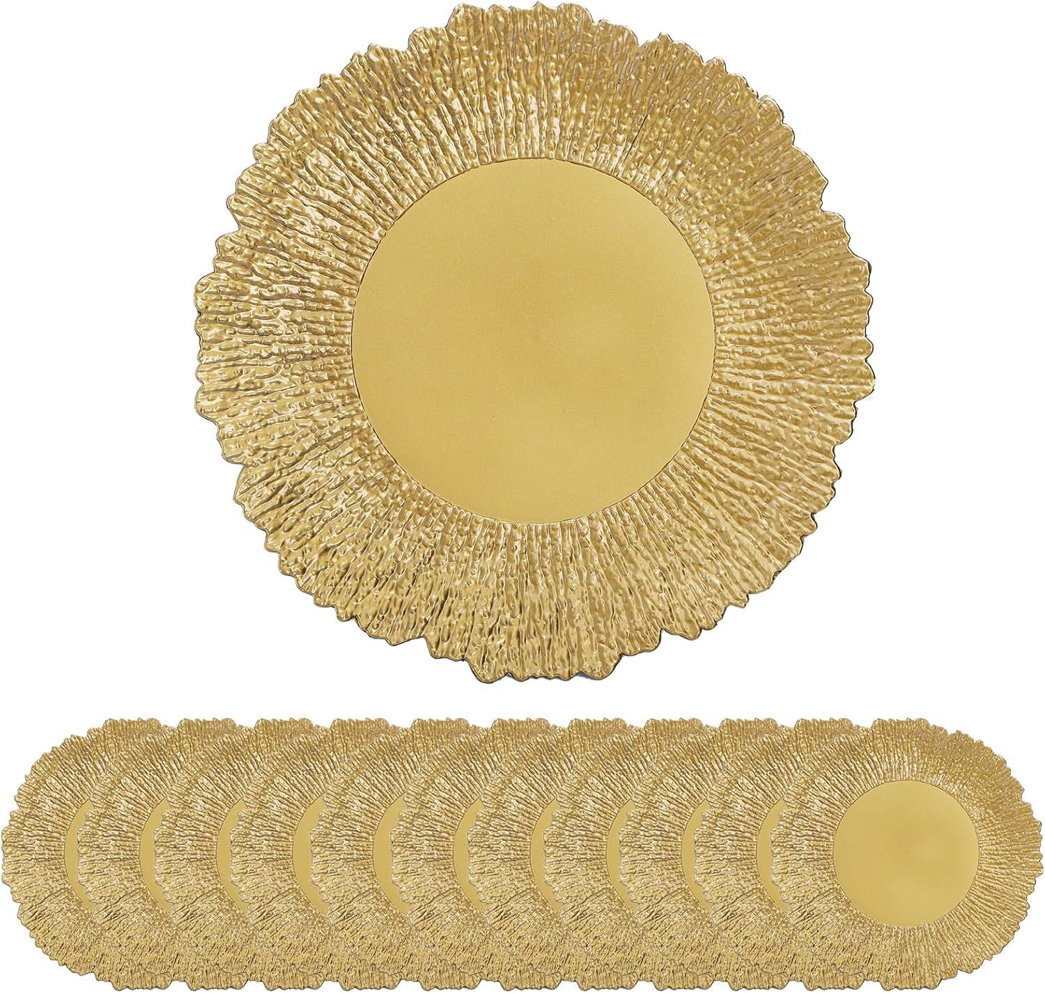 Gold Charger Plates Set - 13” Vintage Plastic Dinnerware Set - Reusable Elegant Serving Plates for Parties, Weddings and Events 12 Set