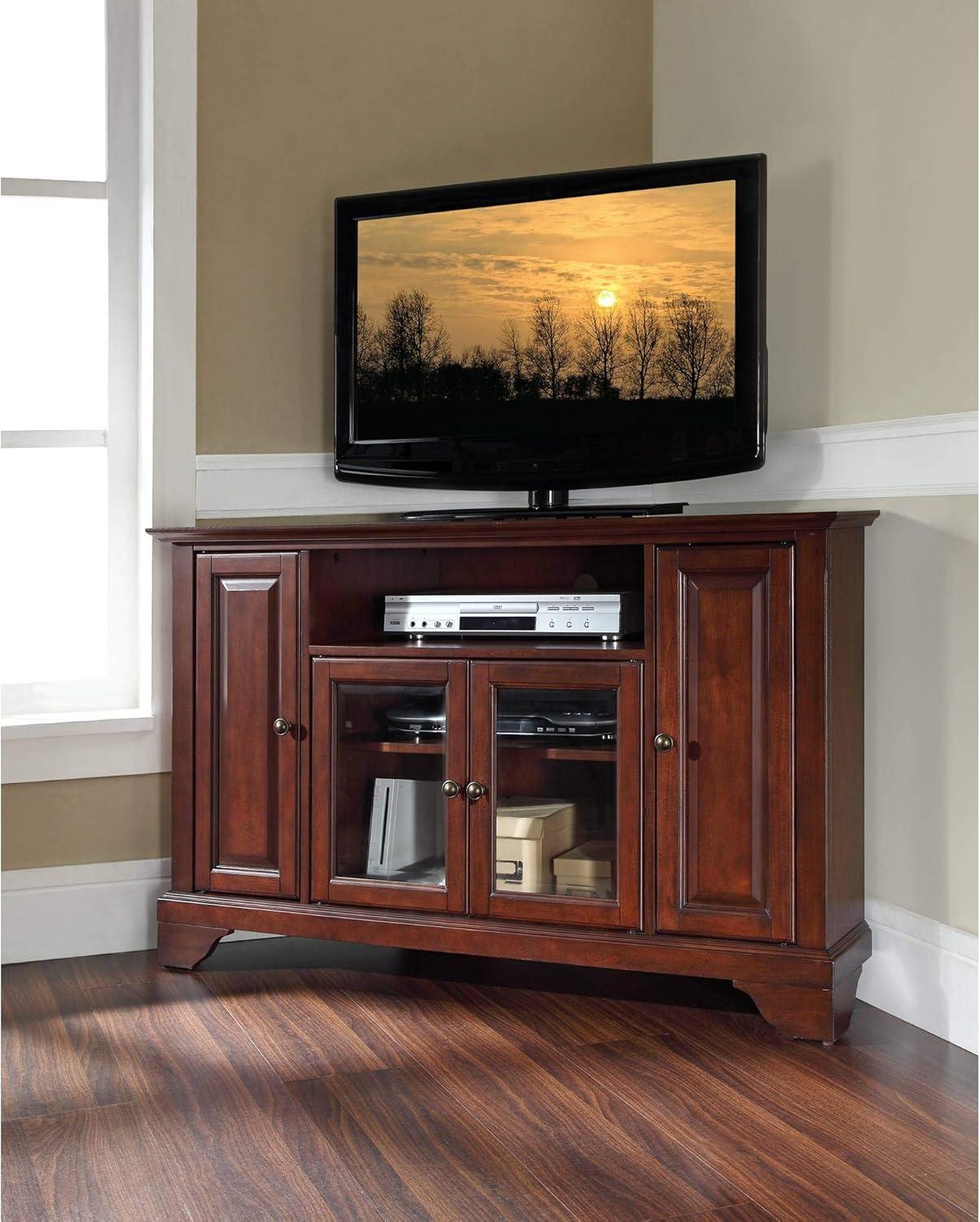 Alexandria Corner TV Stand for TVs up to 48" Dark Red - Crosley: Hardwood Frame, Brass Hardware, Cable Management