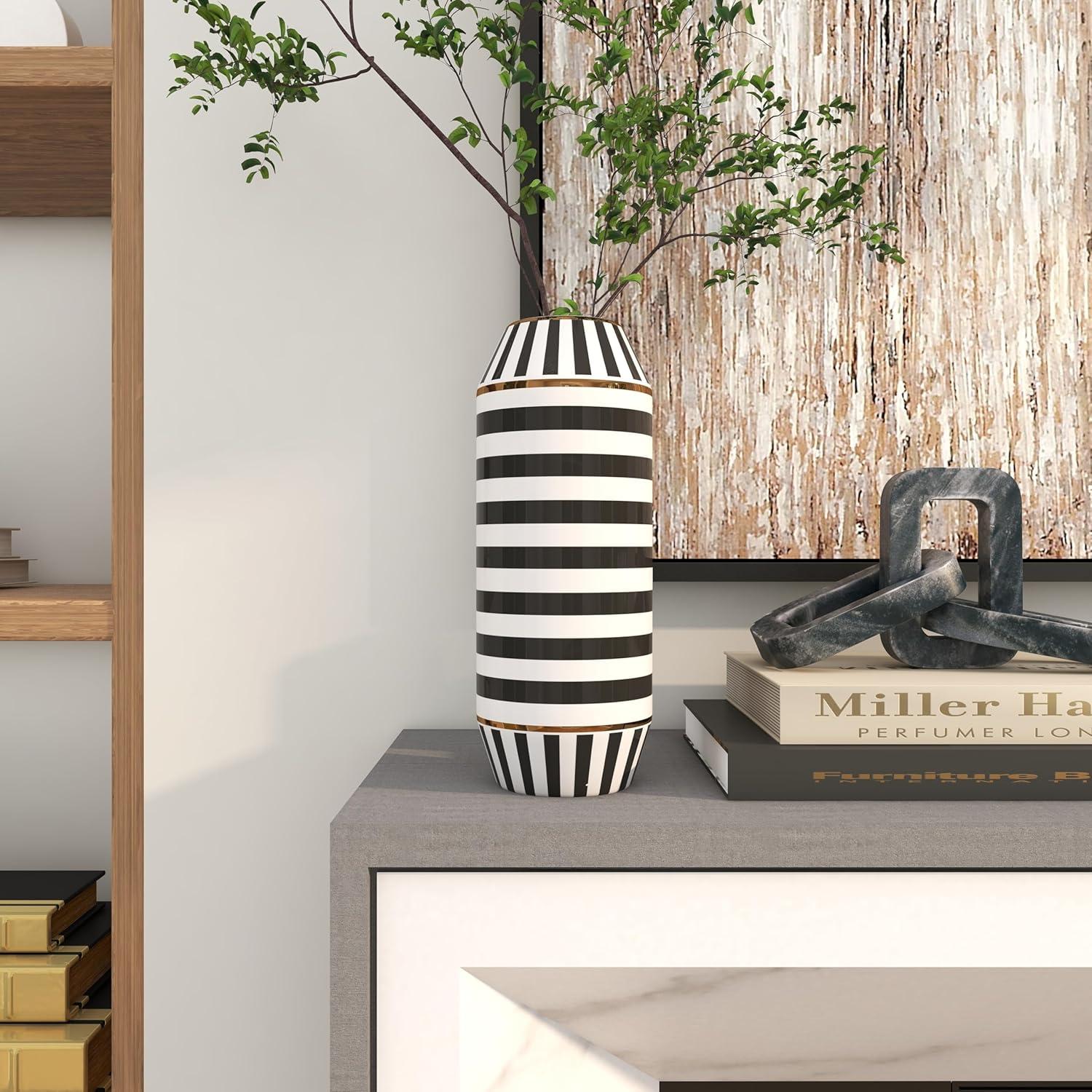 DecMode 16" Striped Black Ceramic Vase with Gold Accents