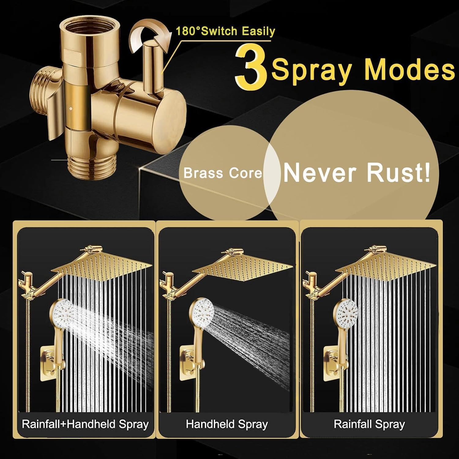 Shower Head, 10" High Pressure Rain shower head with Handheld Spray Combo, 6 Settings Handheld with 78" Anti-leak Hose, 11" Adjustable Extension Arm, Ultra Thin Water Saving, Gold, AWAXFOLO