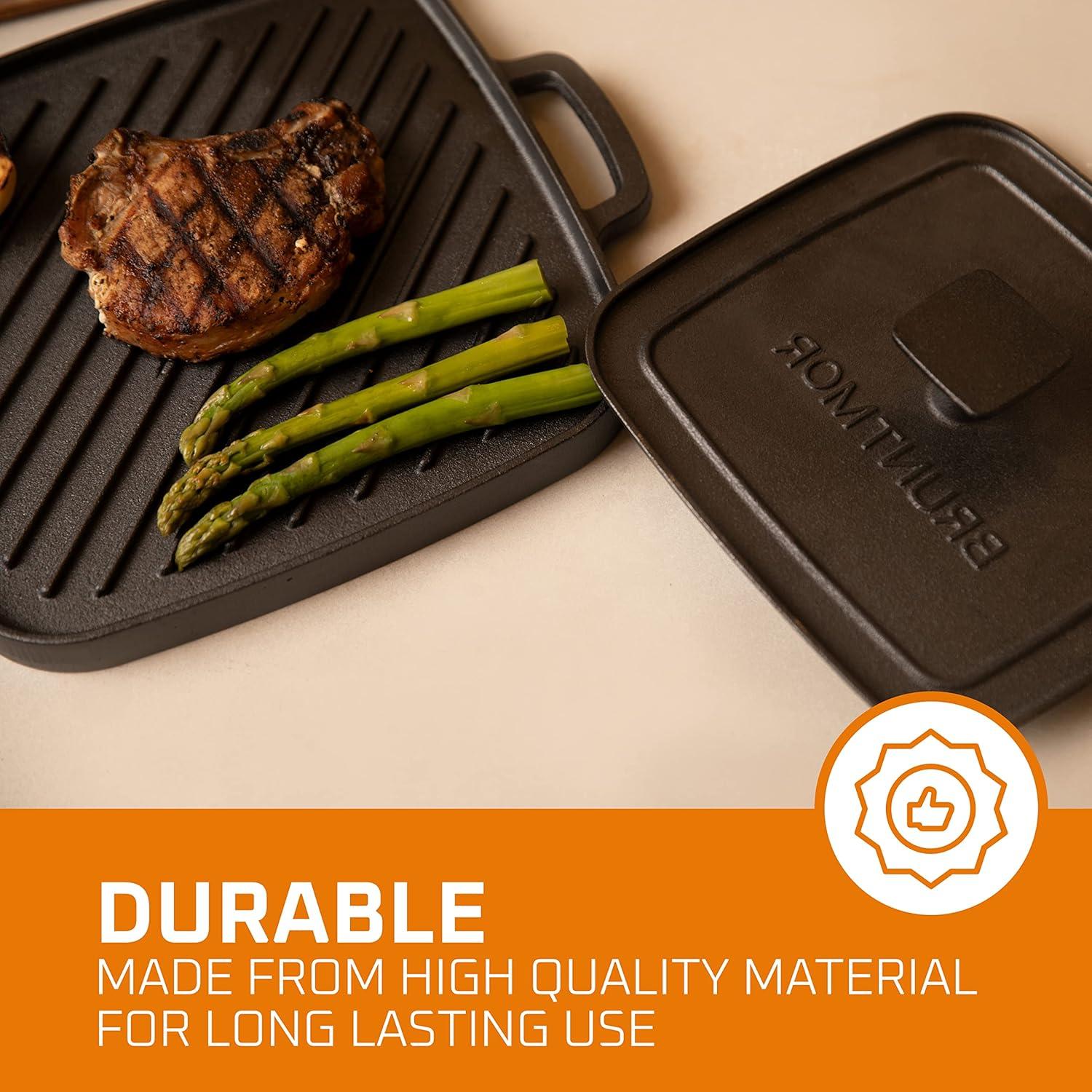 Bruntmor 10X10 2-in-1 Pre-Seasoned Square Cast Iron Reversible Griddle Grill Pan Cookware, Black