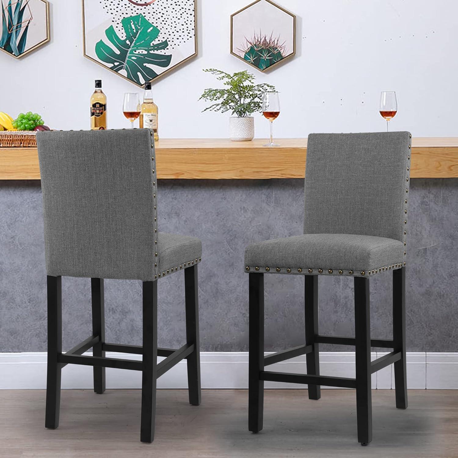 Set of 4 Gray Upholstered Counter Stools with Wood Legs