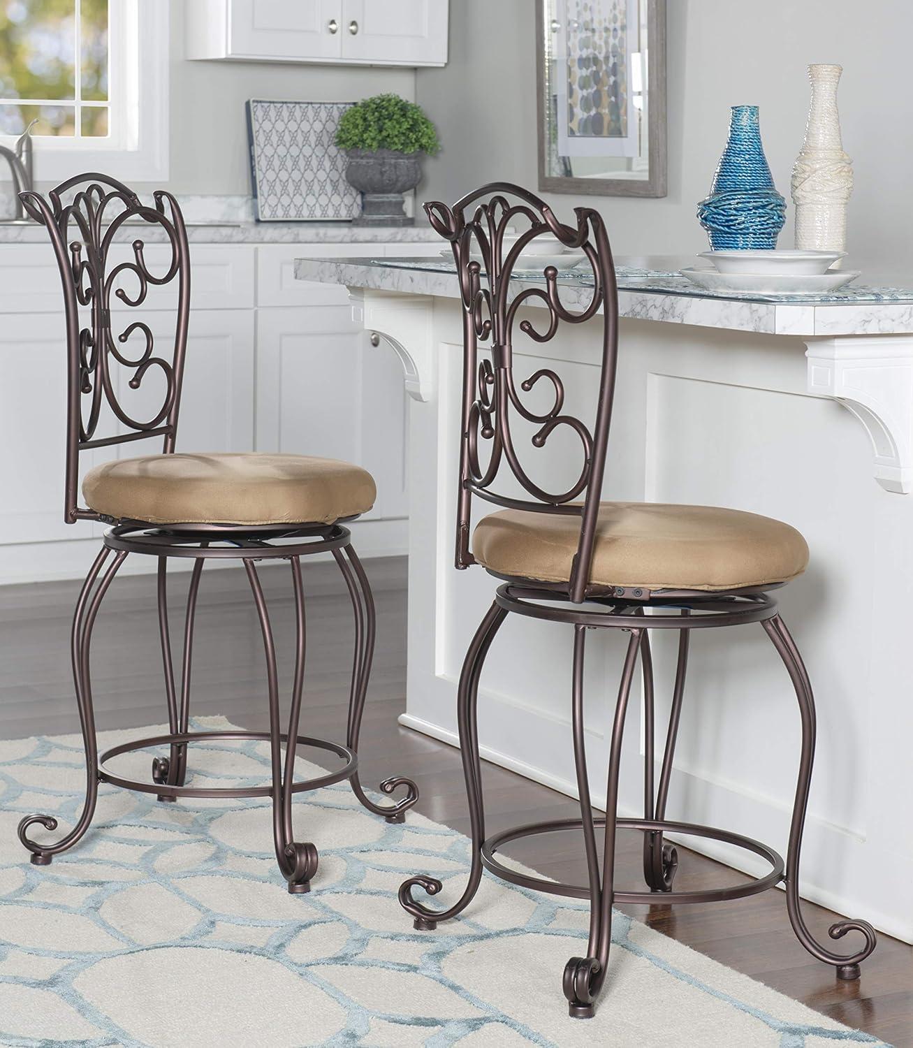 Linon Gathered Back Counter Stool, Brown, 24 inch Seat Height, Light Brown with Caramel Fabric