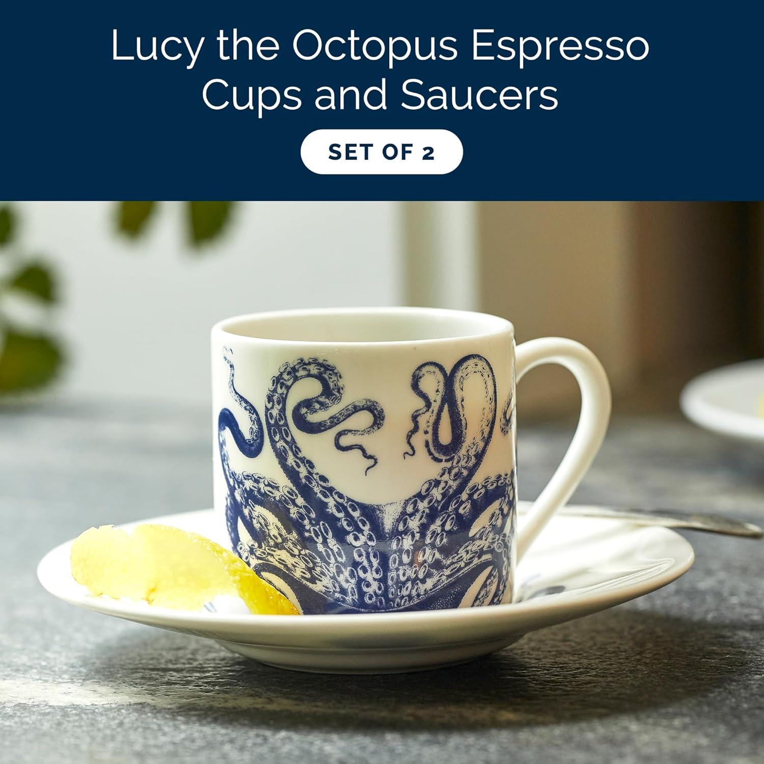 Lucy Blue and White Bone China Espresso Cup Set with Saucers