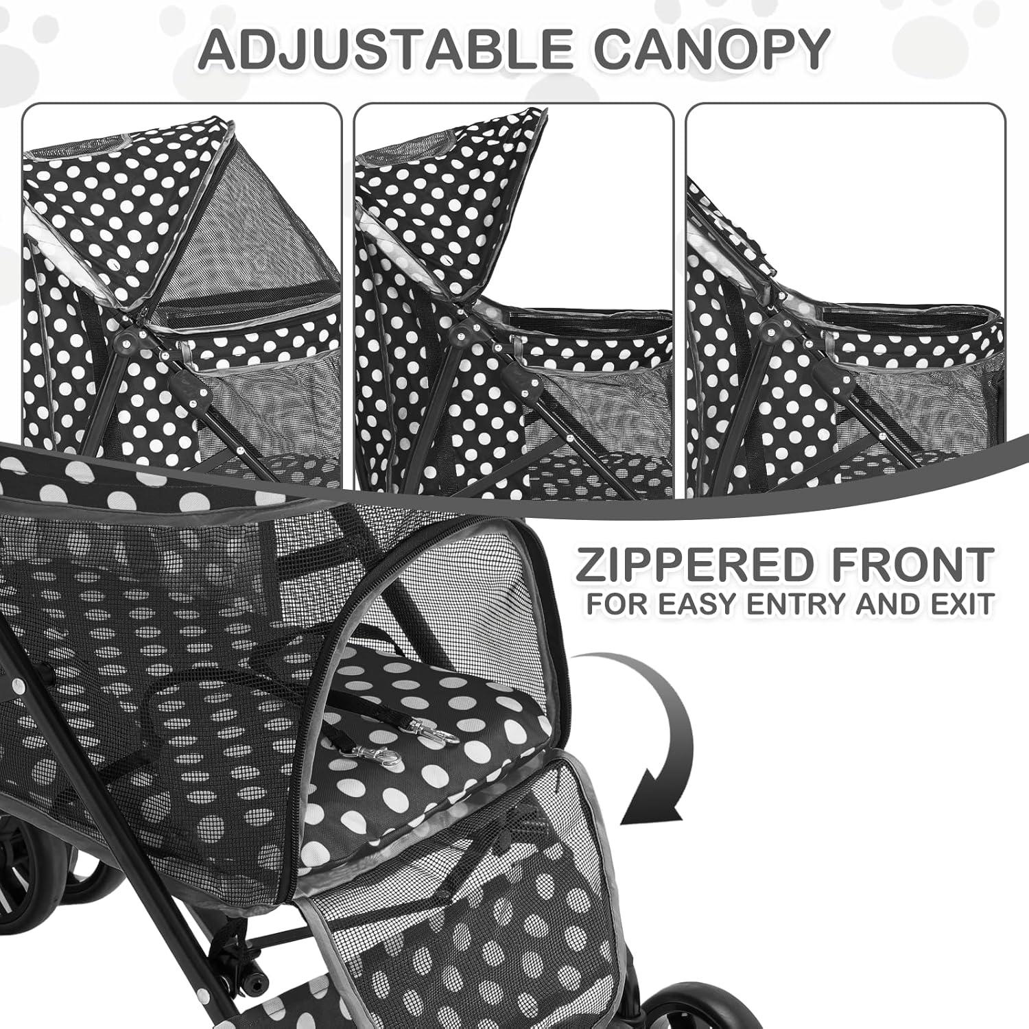 MoNiBloom 4 Wheel Foldable Lightweight Pet Trolley for Cats & Dogs, Black with White Polka Dots