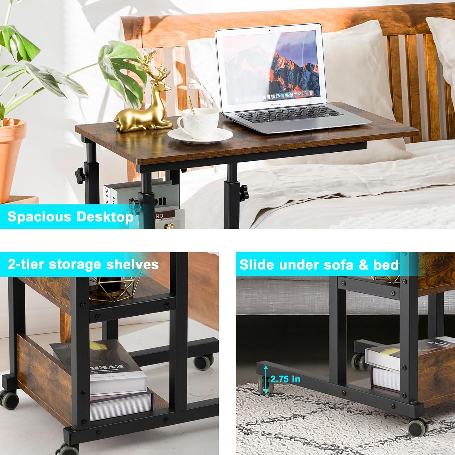 17 Stories Hadulcet C Shaped Side Table Adjustable, Height Adjustable C Table With Wheels And Storage Shelves For Couch Bed Recliner Rustic Brown