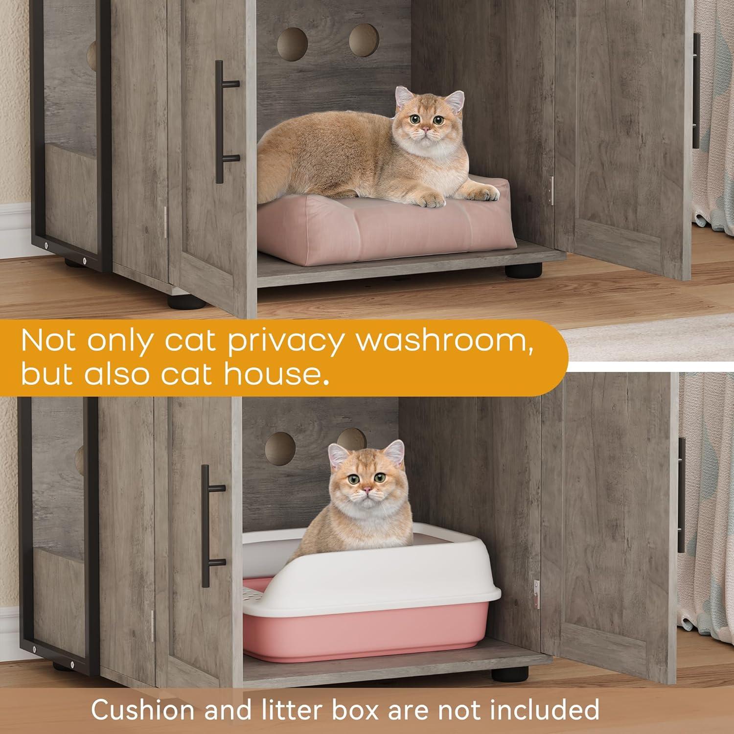 Garvee Cat Litter Box Enclosure with Shelf Storage, 2-in-1 Hidden Cat Washroom Furniture, Hidden Cat Box Enclosure with 3 Shelves and Door, Grey