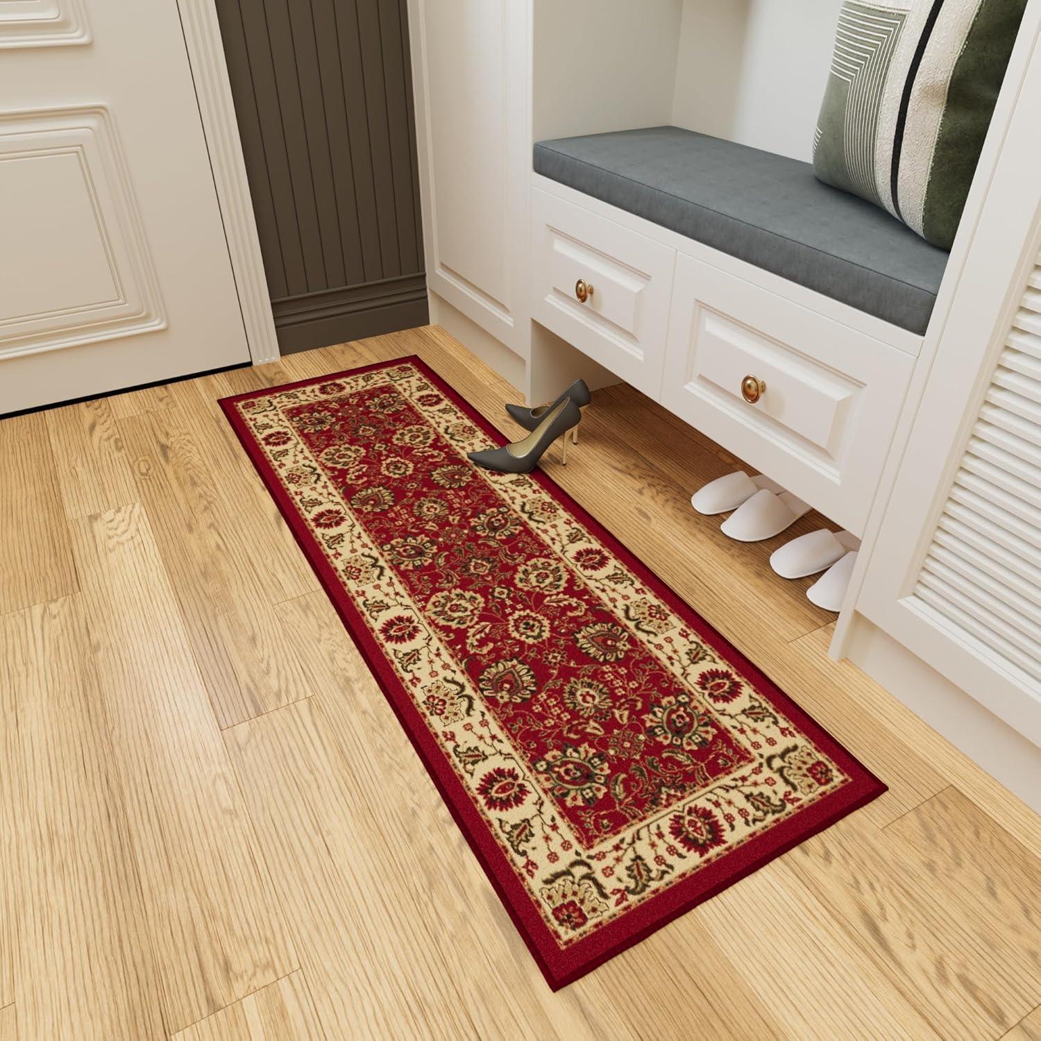 Ottohome Non-Slip Medallion Oriental Area Rug For Living Room, Hallway, Entryway Rug, Dark Red