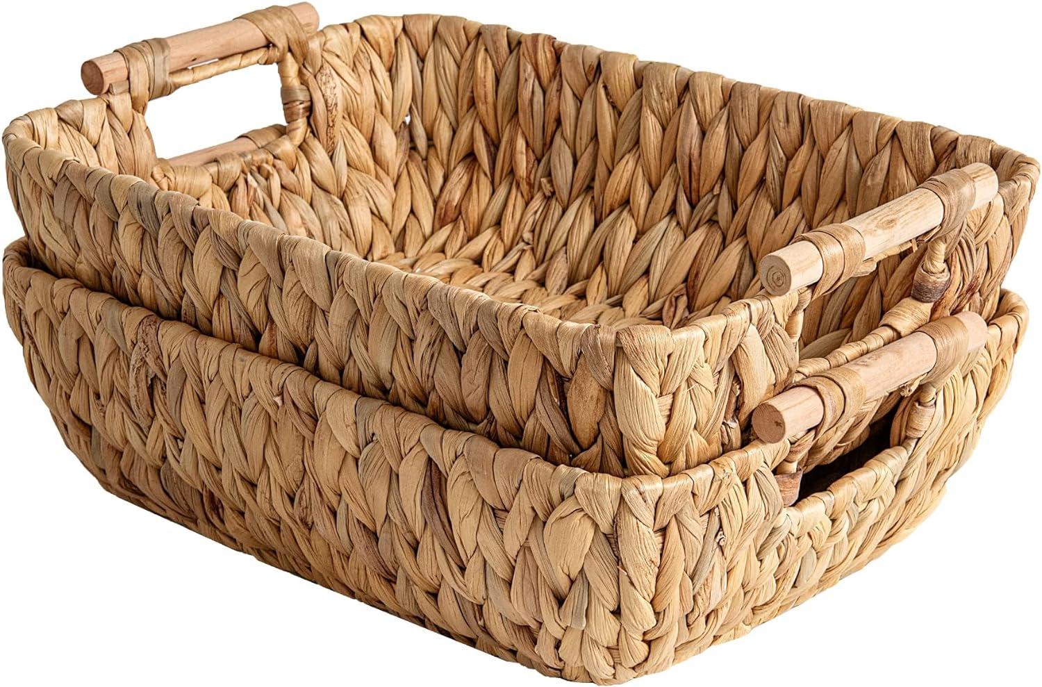 Natural Water Hyacinth Wicker Storage Baskets with Wooden Handles, 2-Pack