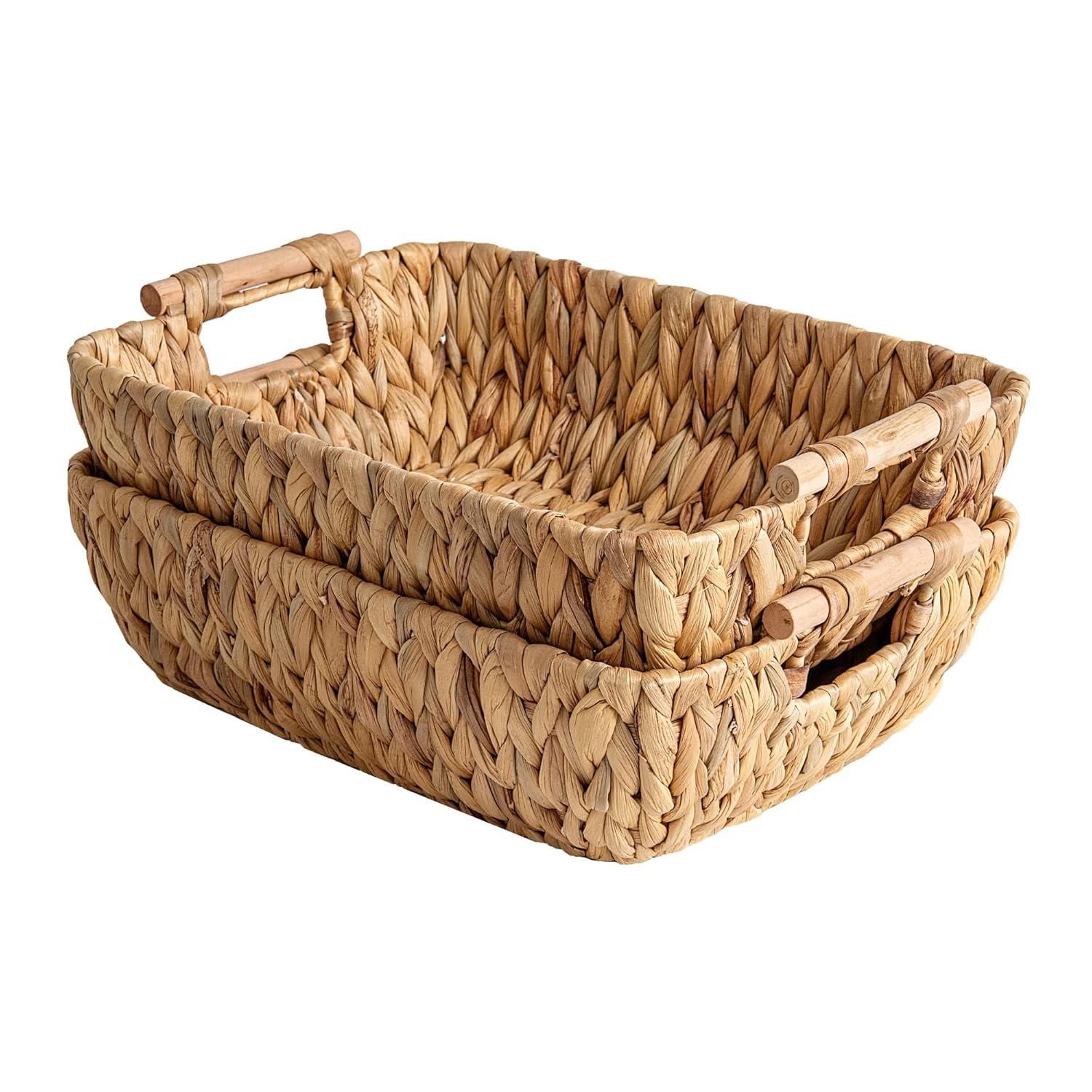 Natural Water Hyacinth Wicker Storage Baskets with Wooden Handles, 2-Pack