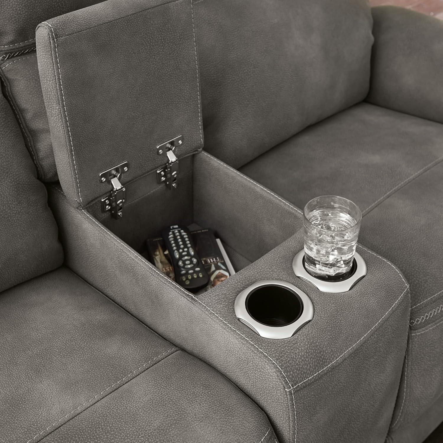 Slate Gray Faux Leather Power Reclining Loveseat with Cup Holder