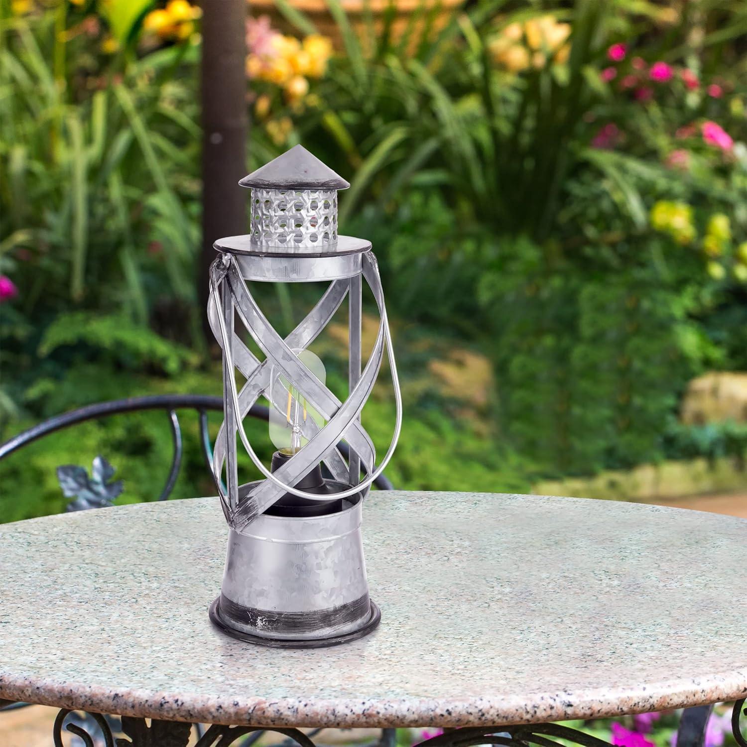 Indoor/Outdoor Metal Vintage Lantern with LED Lights Silver - Alpine Corporation: Hurricane-Style, No Assembly Required