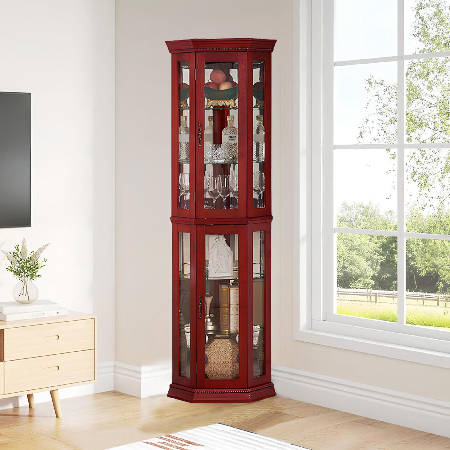 Lighted 3-Side Glass Display Curio Cabinet with Tempered Glass Doors and Shelves, Curved Wood Corner Cabinet with Bulb, Cherry