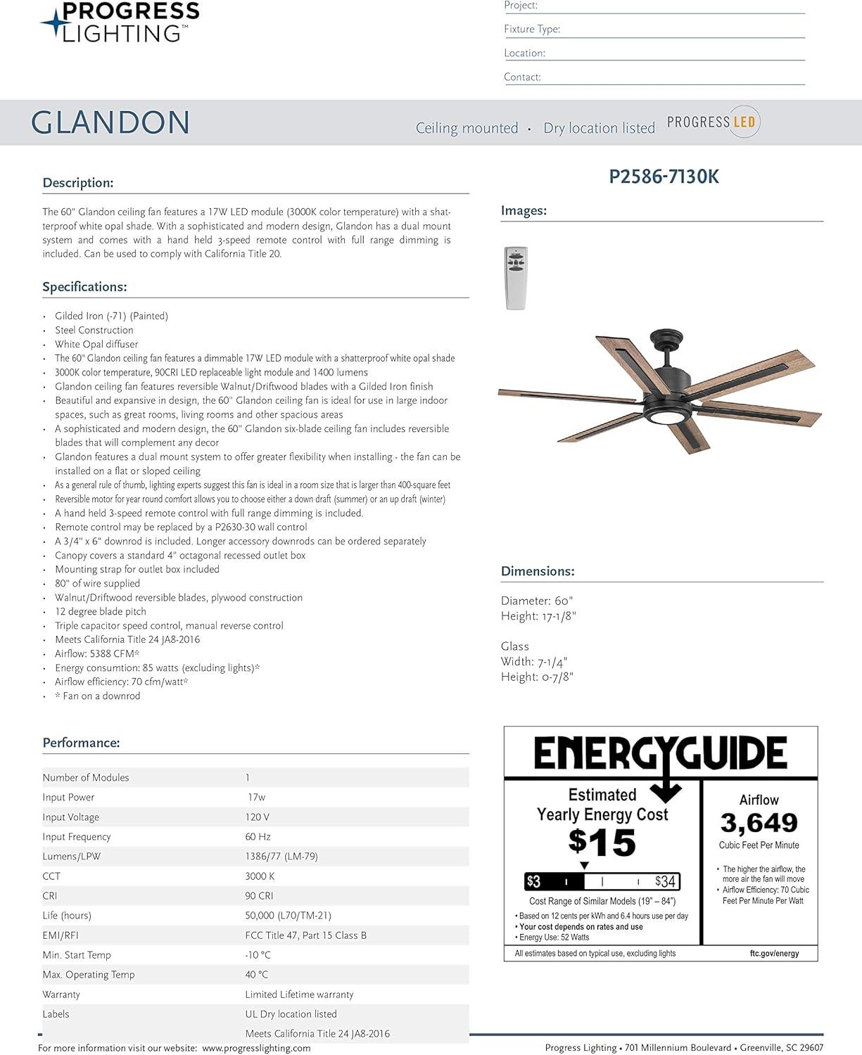P2586-7130K-Progress Lighting-Glandon - Wide - Ceiling Fan - 1 Light - Handheld Remote in Transitional style - 60 Inches wide by 17.13 Inches