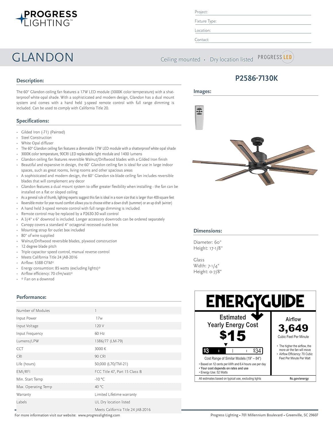 P2586-7130K-Progress Lighting-Glandon - Wide - Ceiling Fan - 1 Light - Handheld Remote in Transitional style - 60 Inches wide by 17.13 Inches