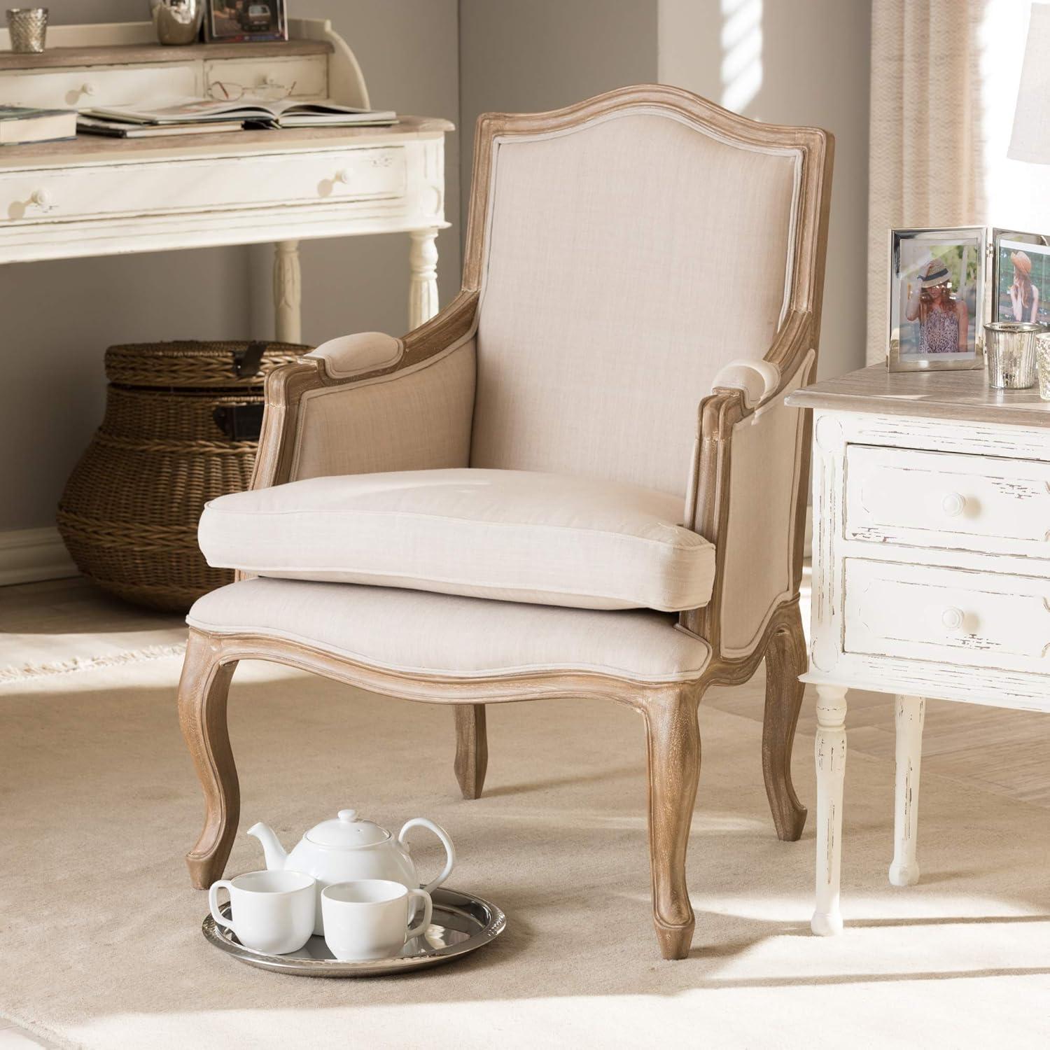 Beige Linen and Distressed Wood French Accent Chair