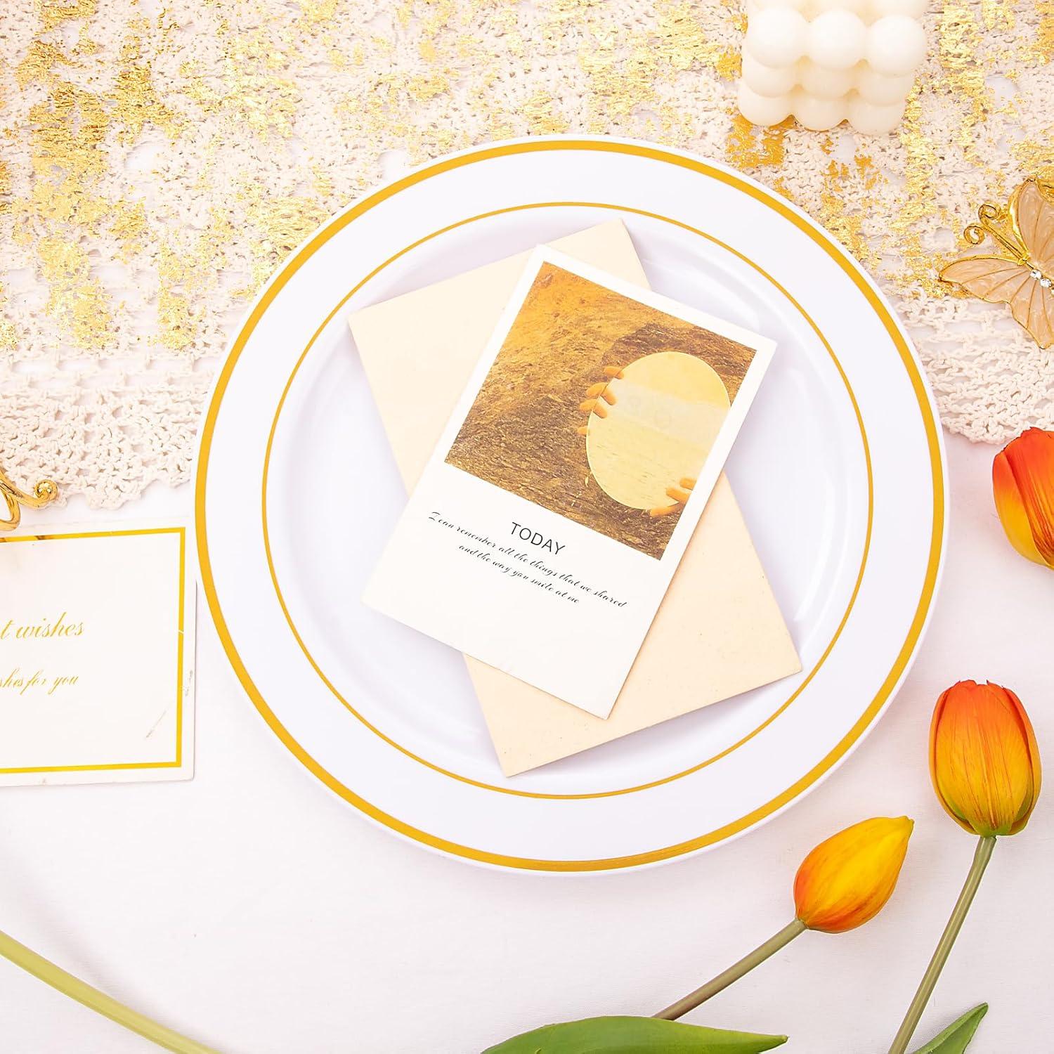 I00000 60pcs Plastic Gold Plates,10.25 inch Gold Rimmed Dinner Plates, White Disposable Plates, Parties or Wedding