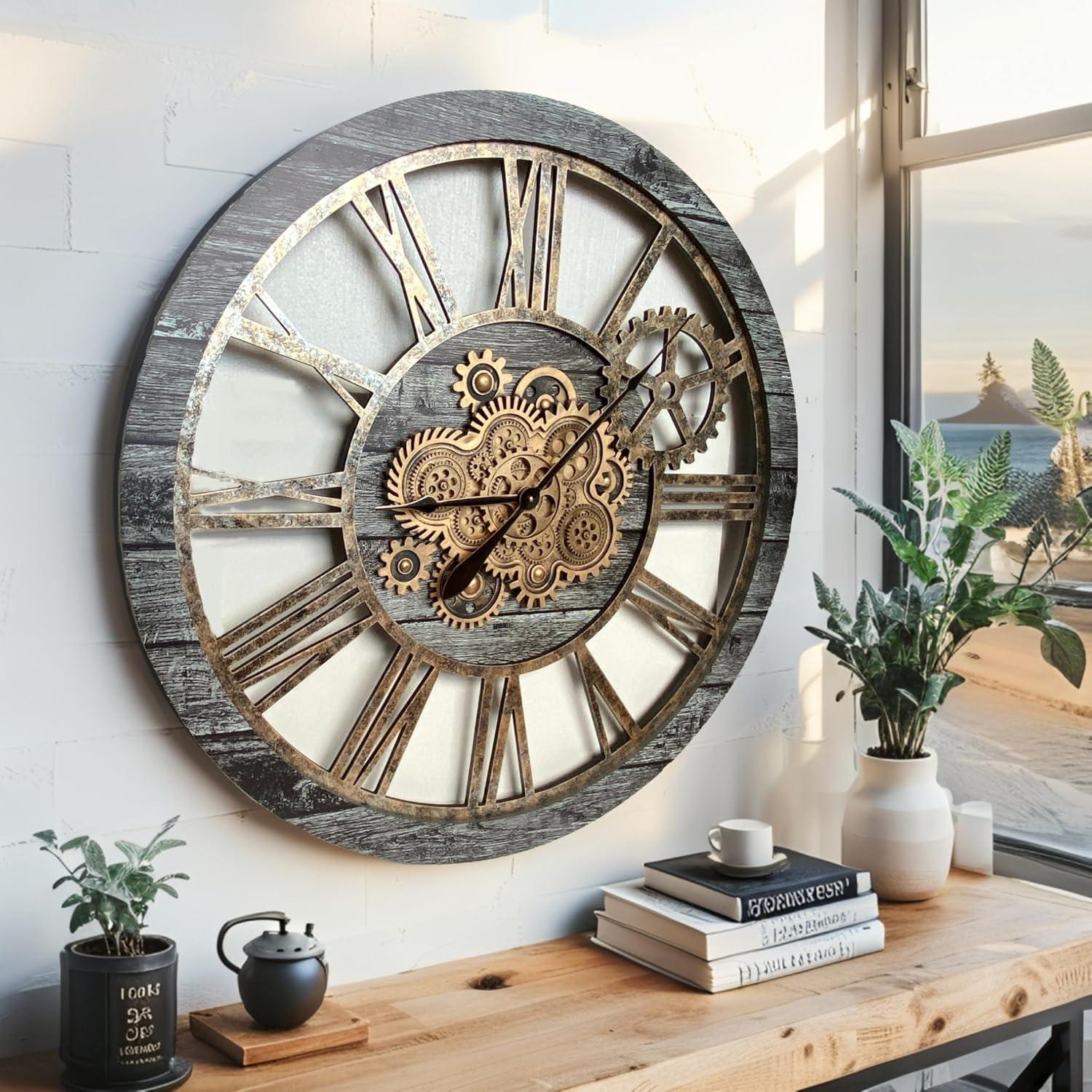 The Gears Clock Wall Clock 36" Round Oversized for Living Room decor with Real Moving Gears America Collection